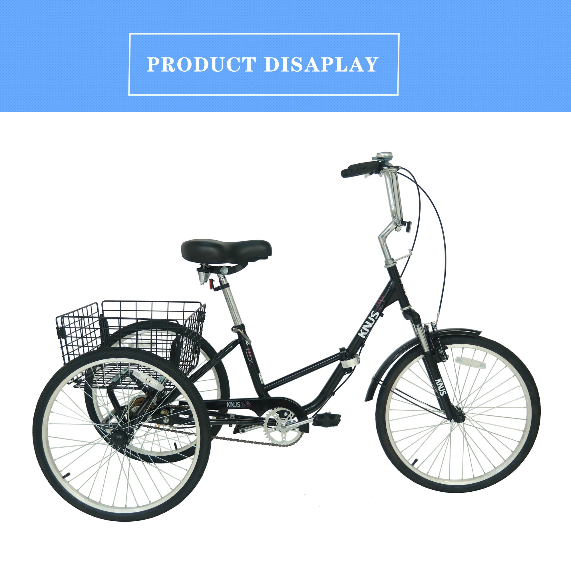 Adult Folding Tricycles 3 Wheel WInstallation Tools with Low Step-Through， Large Basket， Foldable Tricycle for Adults， Women， Men--BLACK