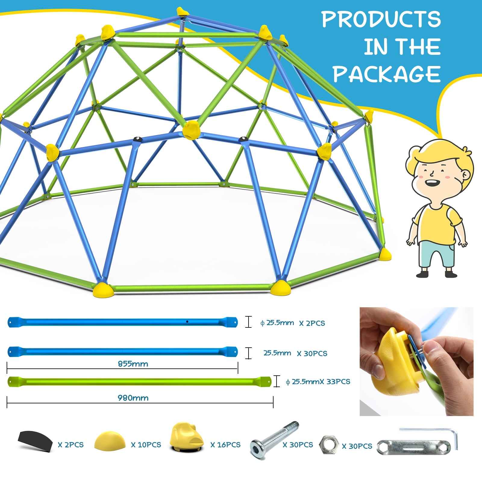 GIKPAL J ungle Gym， 10FT Dome Climber with Canopy for Kids 3 to 10 Outdoor Play Center， Supporting 1000lbs Rugged and Interesting Dome Climber Playground Equipment， Blue+Green