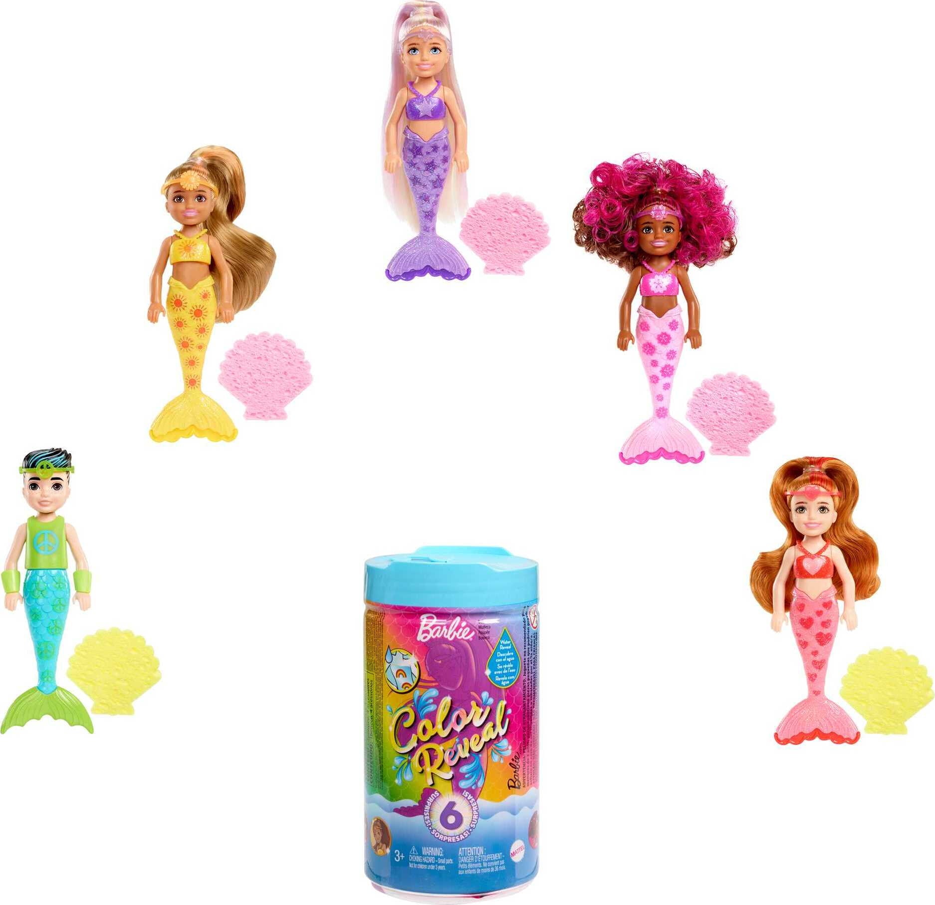 Barbie Chelsea Color Reveal Rainbow Mermaid Series Small Doll with 6 Surprises & Color Change