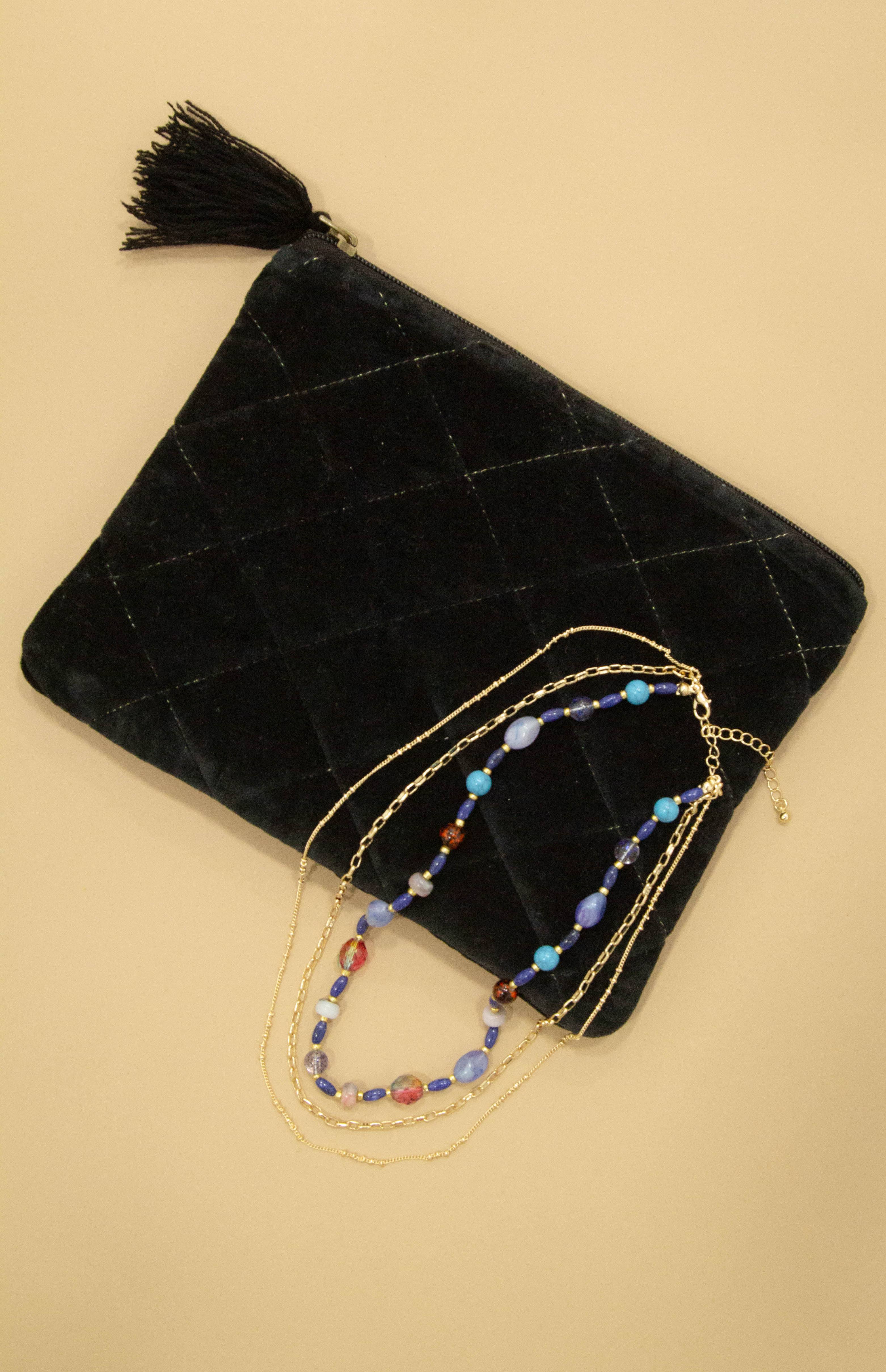 Black Velvet Pouch and Multicolor Necklace Set