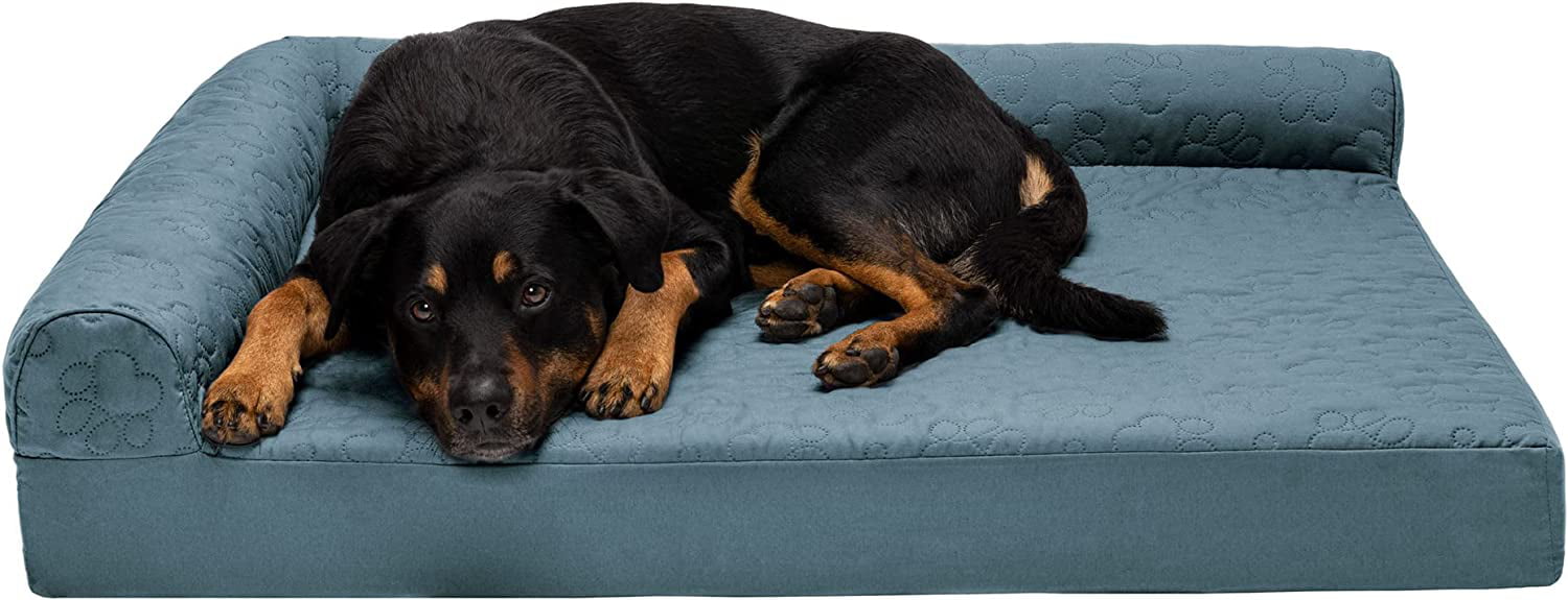 Furhaven XL Orthopedic Dog Bed Pinsonic Quilted Paw L Shaped Chaise w/ Removable Washable Cover - Bluestone， Jumbo (X-Large) Orthopedic Foam Jumbo L Chaise - Quilted Paw (Bluestone)