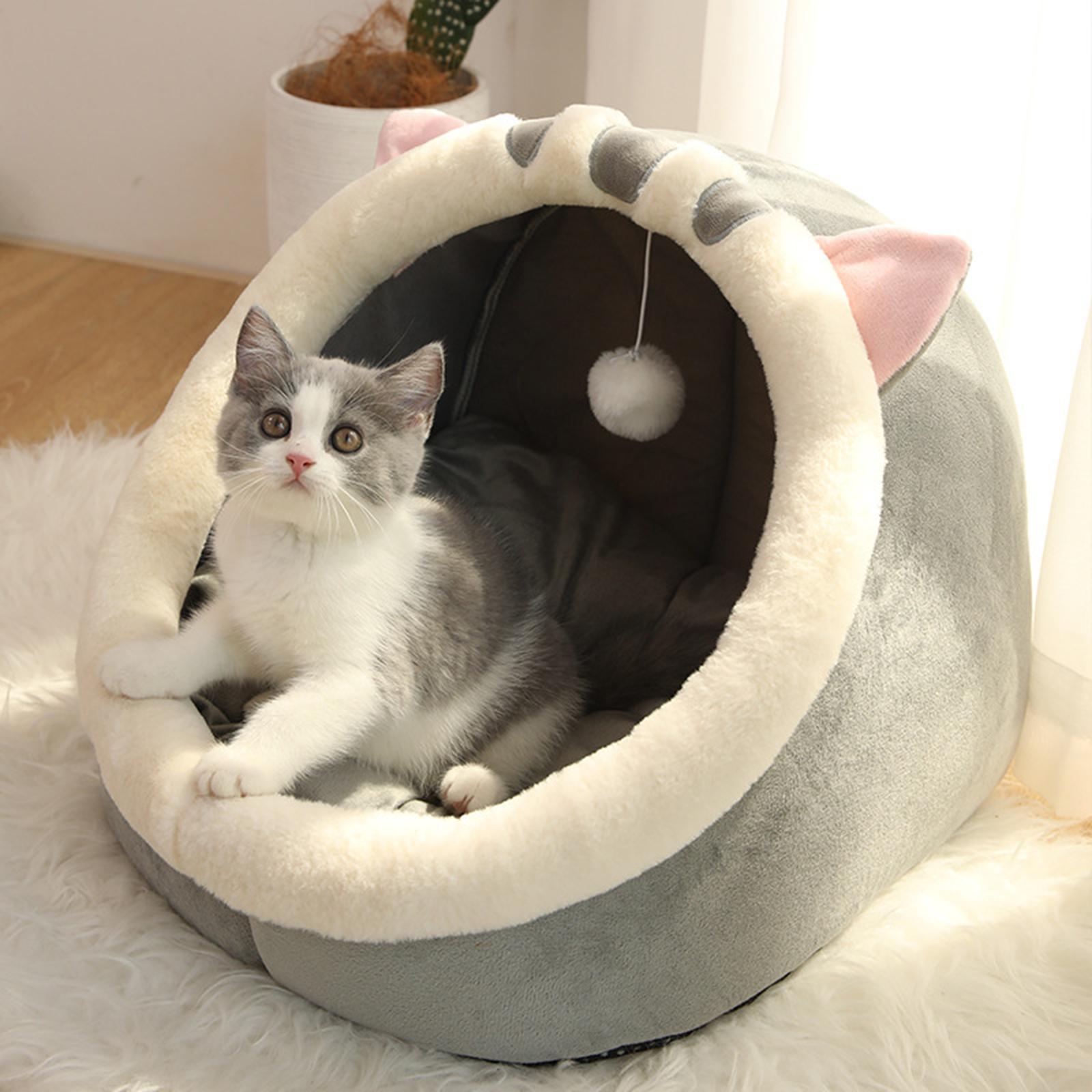 Cat Beds for Indoor Cats - Small Dog Bed Rabbit-Shaped Cat/Small with Hanging Toy， Puppy Bed Soft Calming Pet Sofa Bed Pets Supplies Gray S