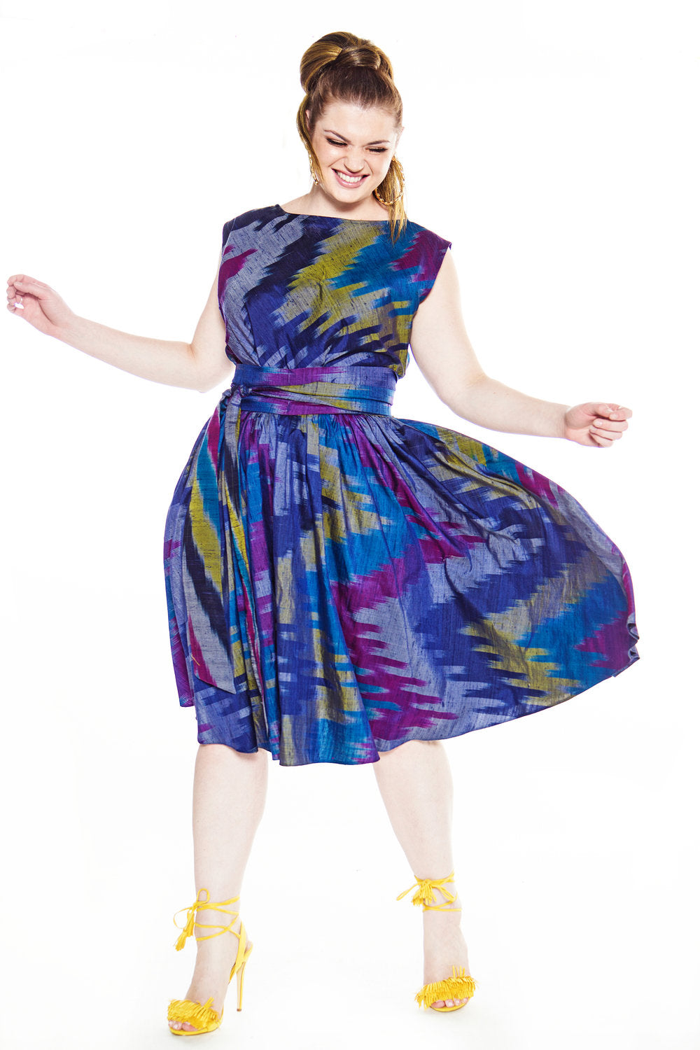 Navy Geometric Print Silk Swing Dress- JIBRI