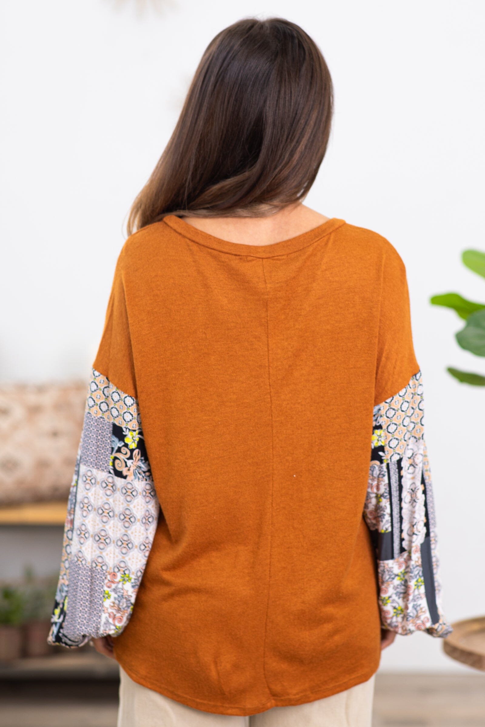 Burnt Orange Top With Paisley Print Sleeves