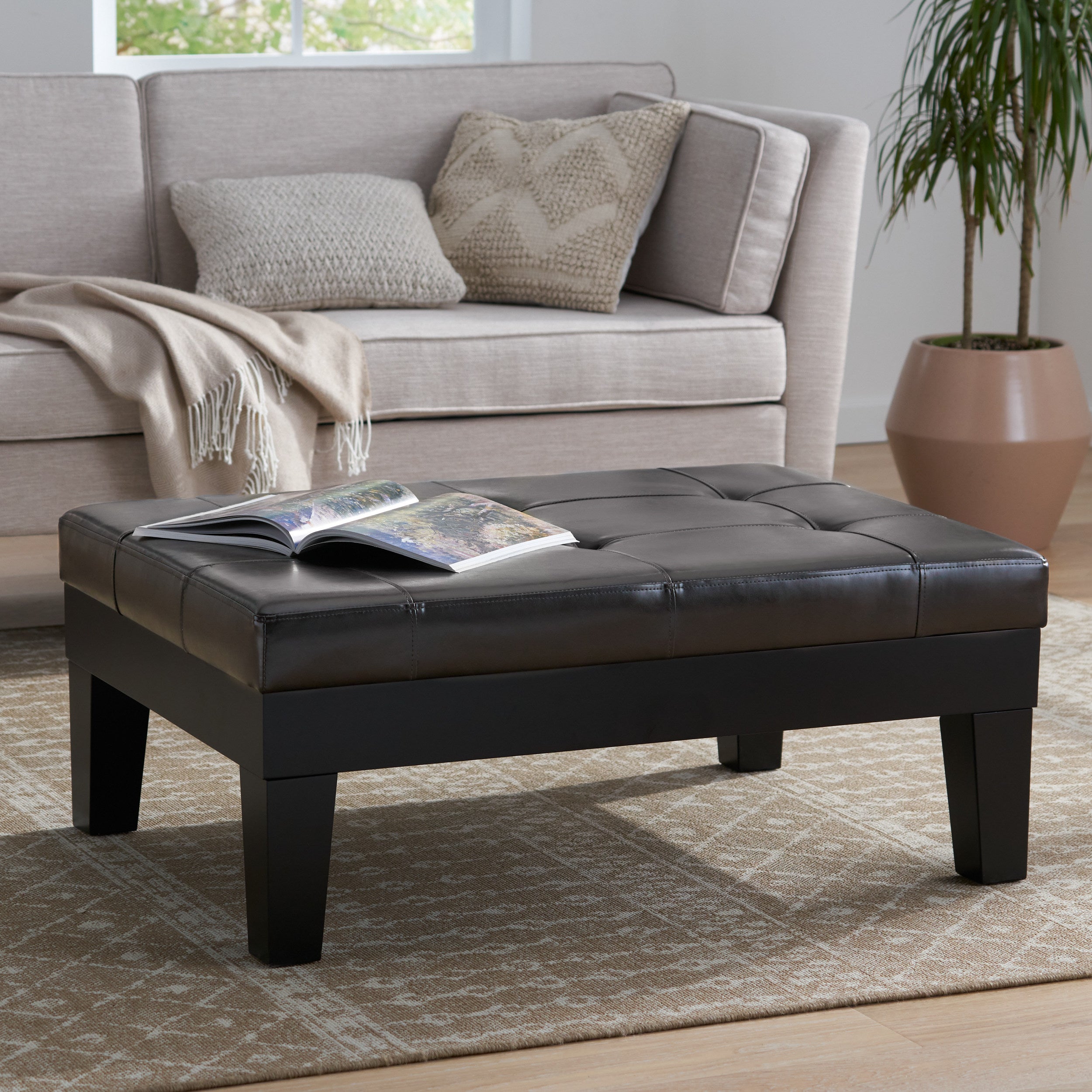 Tucson Contemporary Tufted Leather Storage Ottoman Table with Drawer