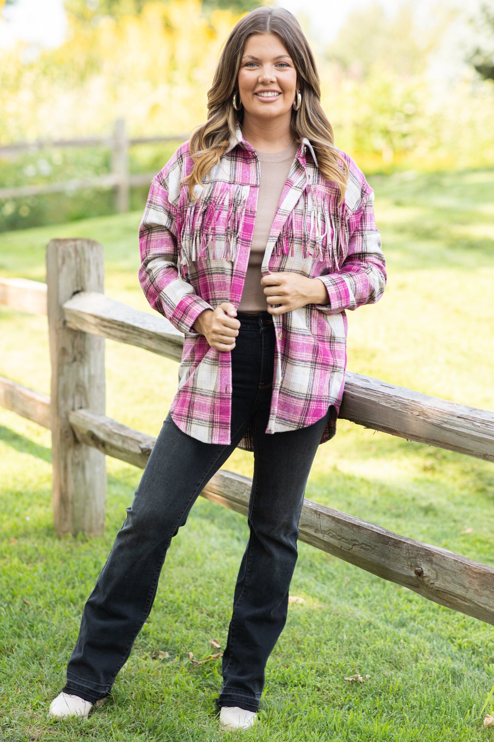 Fuchsia and Ivory Plaid Shacket With Fringe