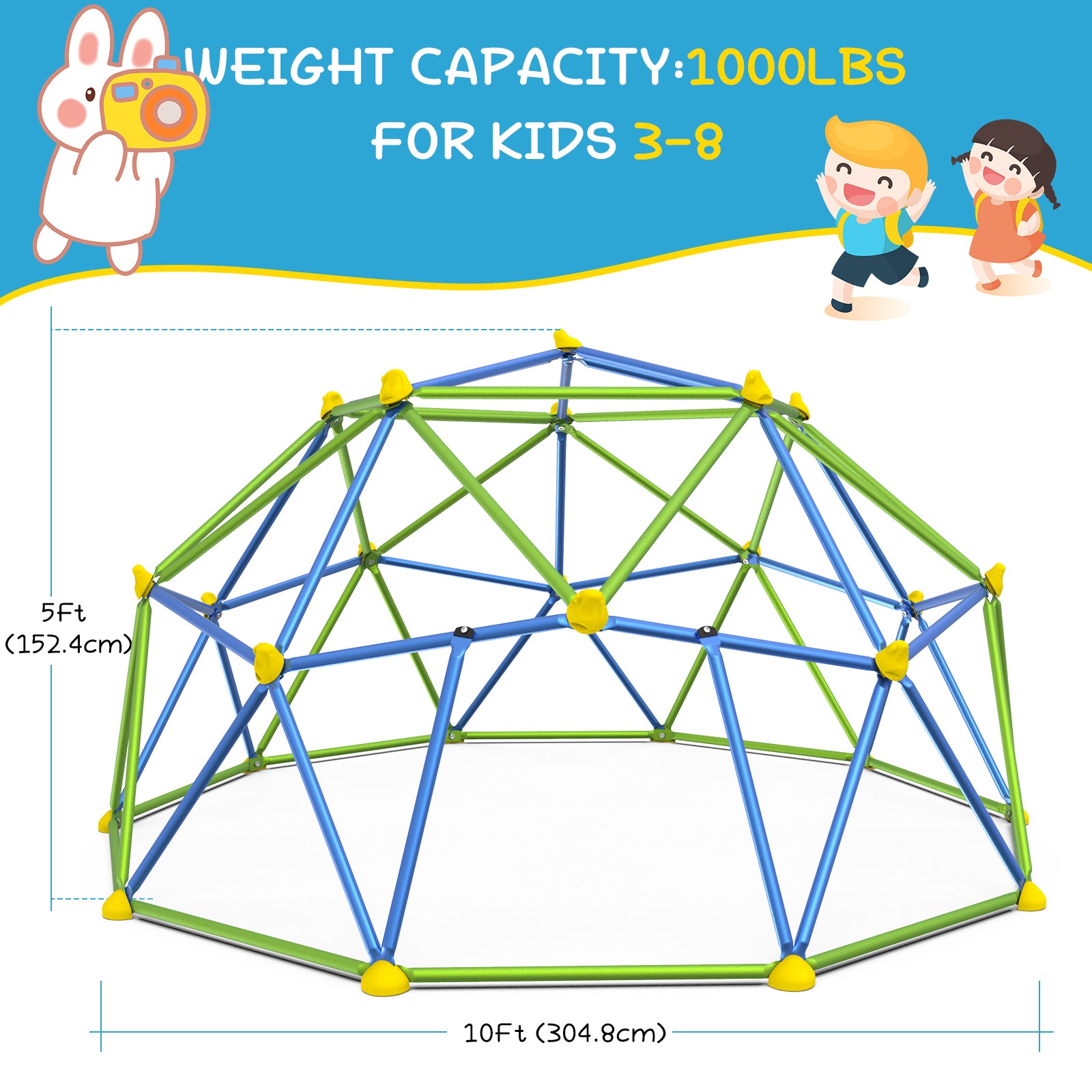 GIKPAL J ungle Gym， 10FT Dome Climber with Canopy for Kids 3 to 10 Outdoor Play Center， Supporting 1000lbs Rugged and Interesting Dome Climber Playground Equipment， Blue+Green