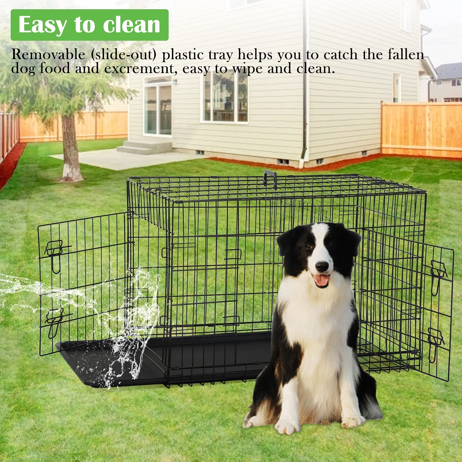 NiamVelo Dog Cage 36'' Metal Dog Crate with Double-Door， Folding and Portable Dog Kennel with Plastic Tray and Handle， Pet Crate Furniture Dog Kennel and Crates for Medium Small  Dogs， Black