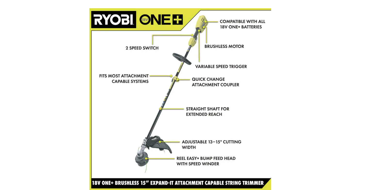 RYOBI P20110 ONE+ 18V Brushless 15 in. Cordless Attachment Capable String Trimmer with 4.0 Ah Battery and Charger