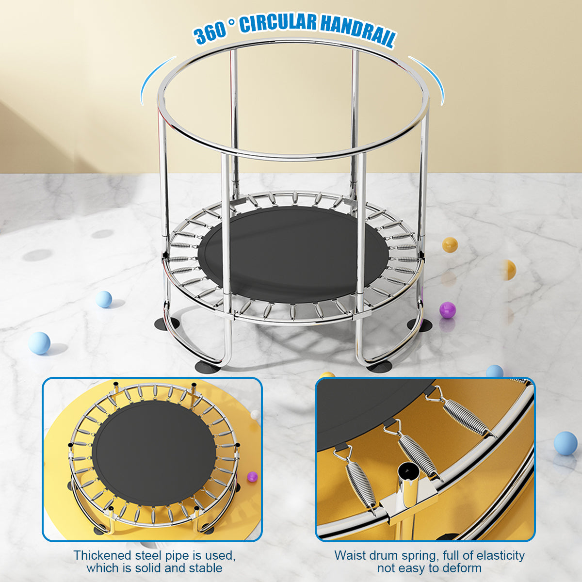 Fisca 55''Mini Toddler Trampolines with Handle Bar for Kids ， Toddler Basketball Hoop Trampoline with Enclosure Net and Rings， 555lbs Load