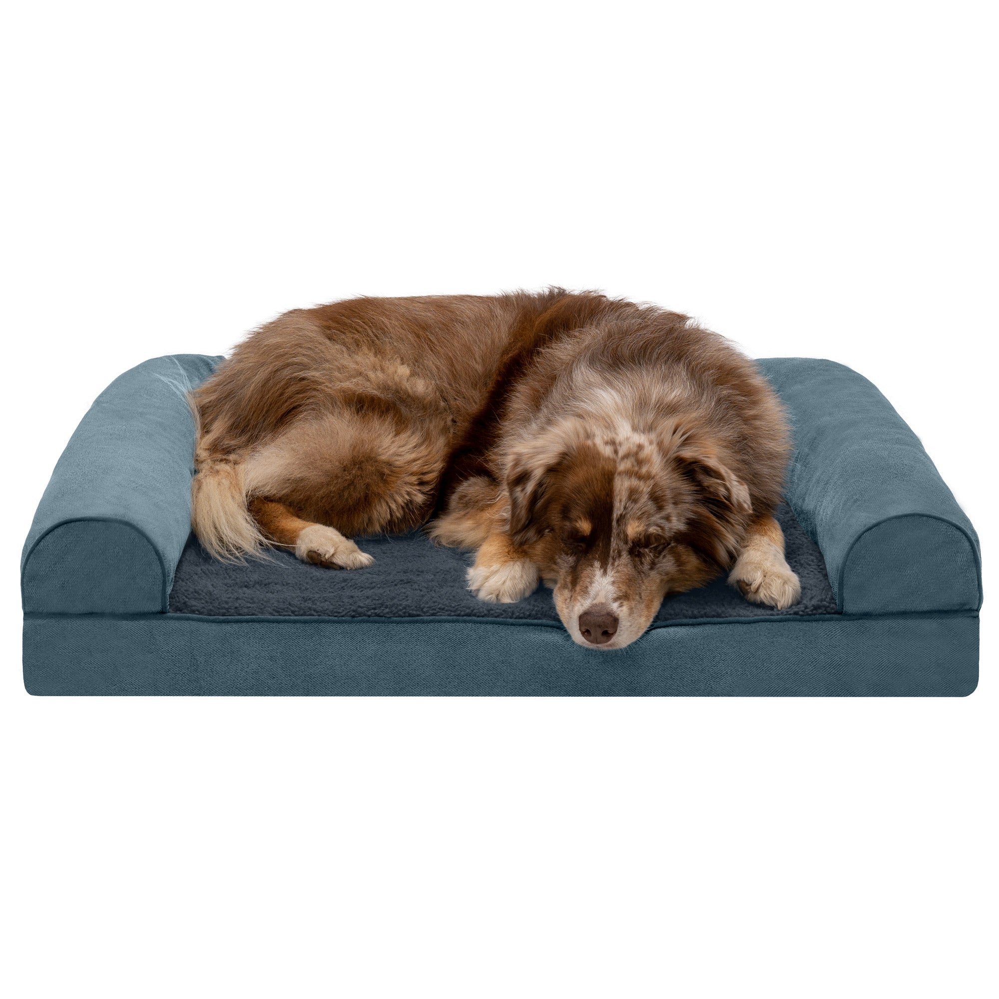 FurHaven | Cooling Gel Faux Fleece and Chenille Sofa Pet Bed for Dogs and Cats， Orion Blue， Large