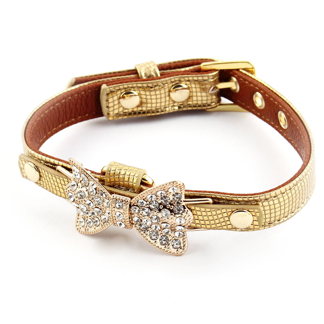 Unique Bargains Faux Leather Bowknot Shape Decor Adjustable Pet Dog Cat Collar Gold Tone S