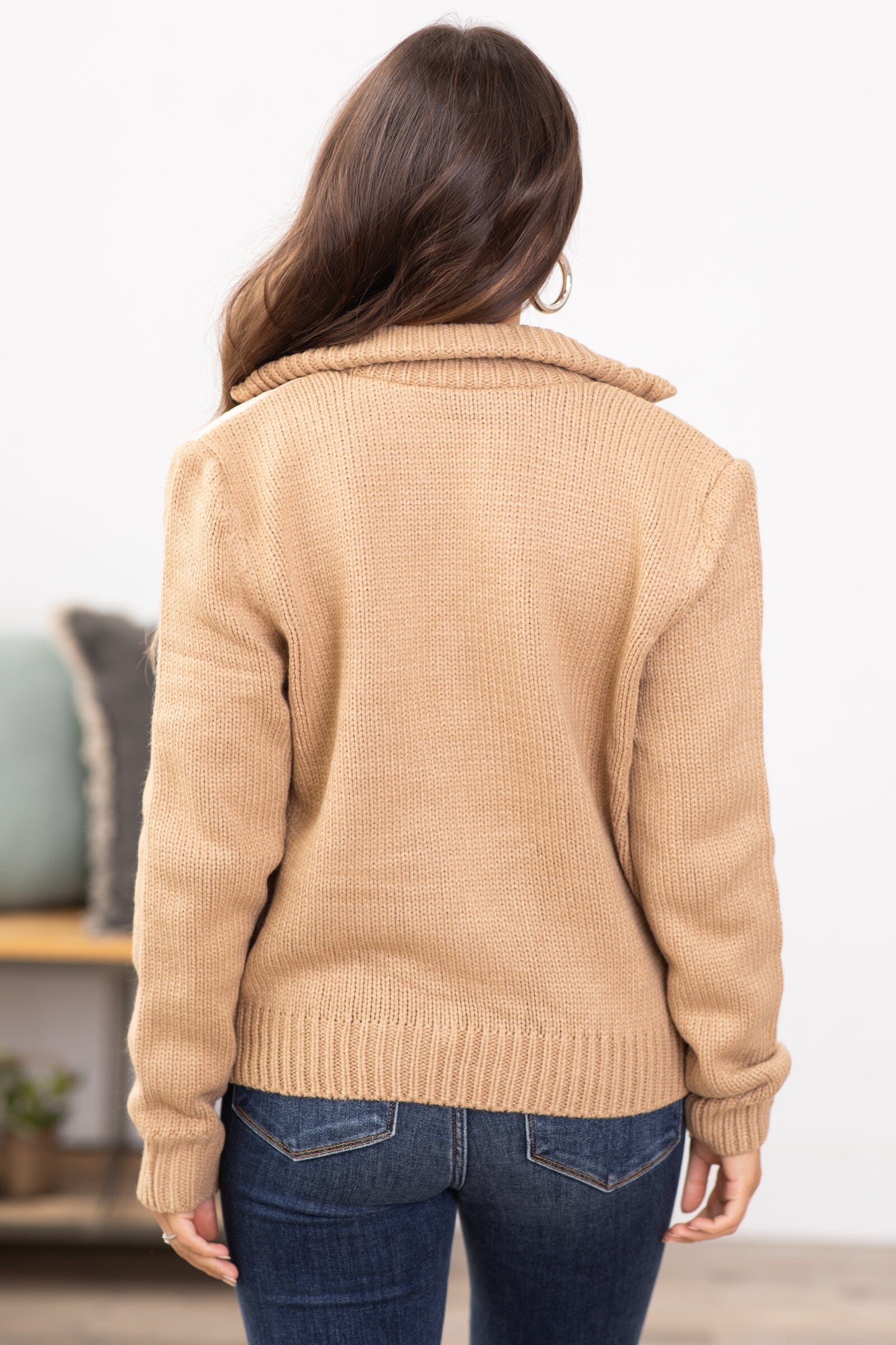 Tan Channel Quilted Jacket With Knit Back
