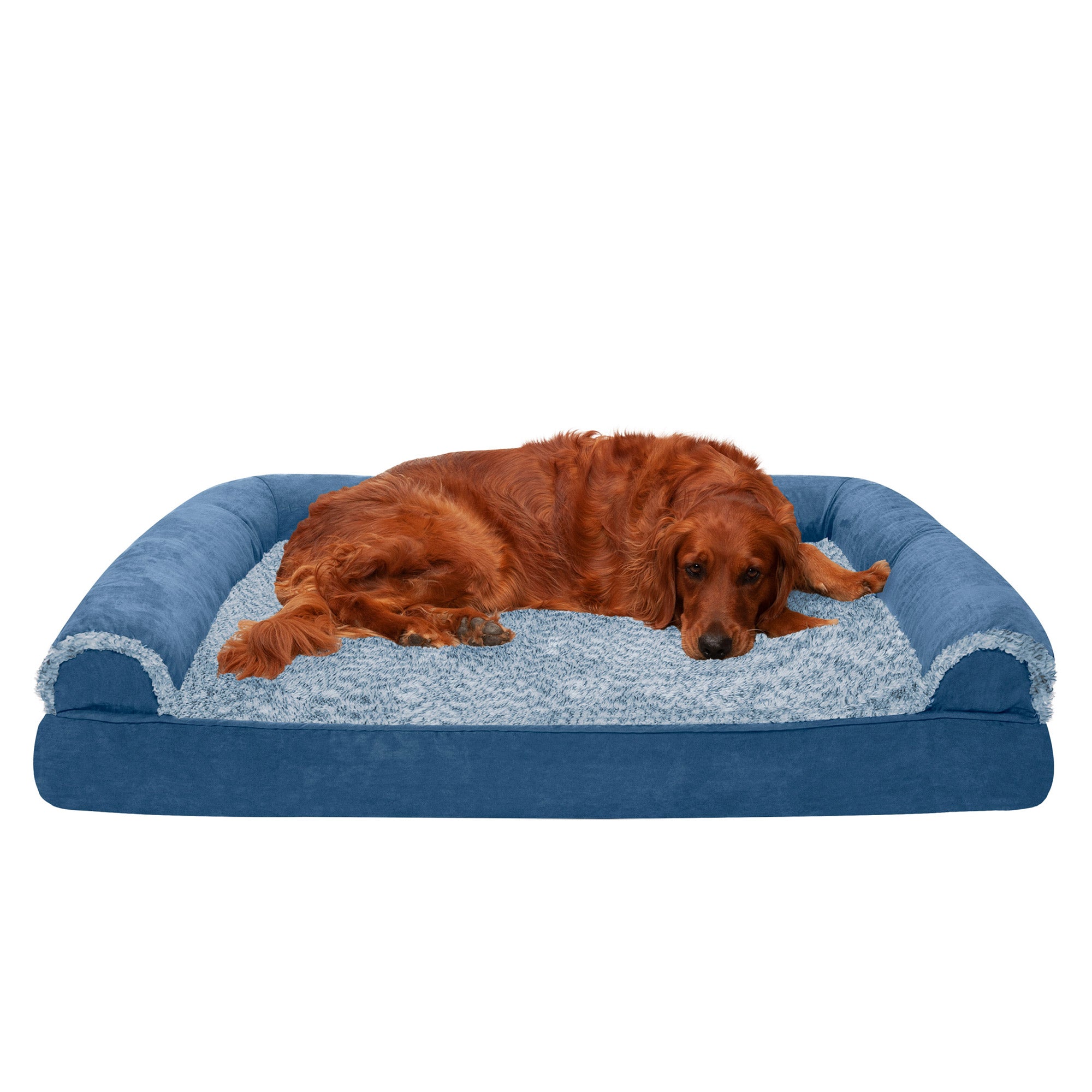 FurHaven Pet Products | Memory Foam Two-Tone Faux Fur and Suede Sofa-Style Couch Pet Bed for Dogs and Cats， Marine Blue， Jumbo