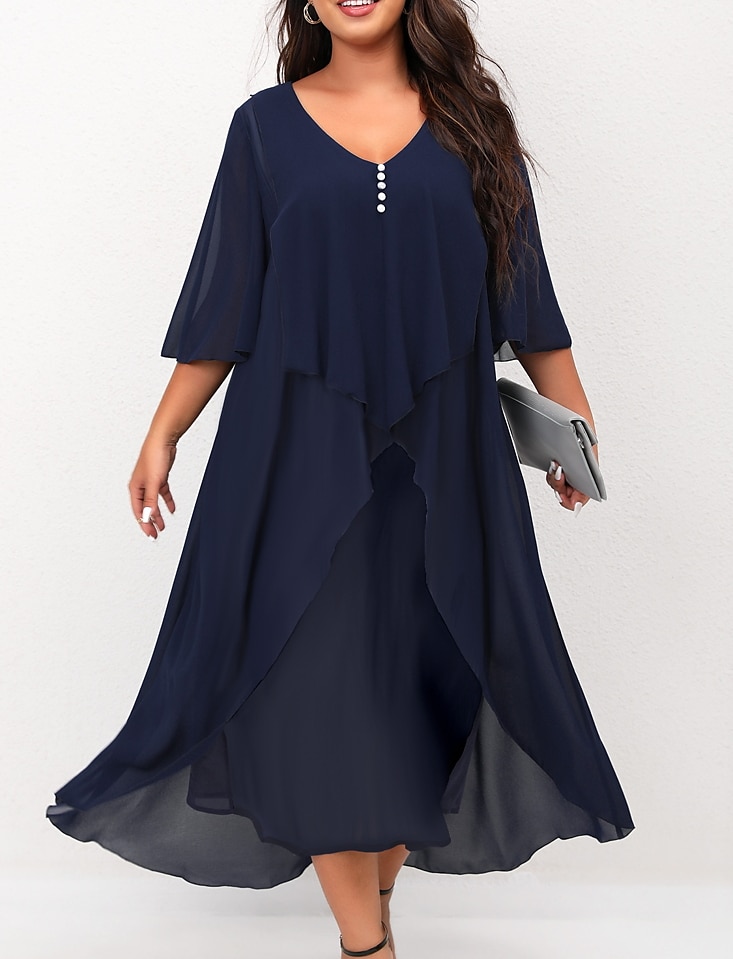 Women's Plus Size A Line Dress Solid Color V Neck Ruched Half Sleeve Fall Winter Basic Midi Dress Daily Vacation Dress / Cotton