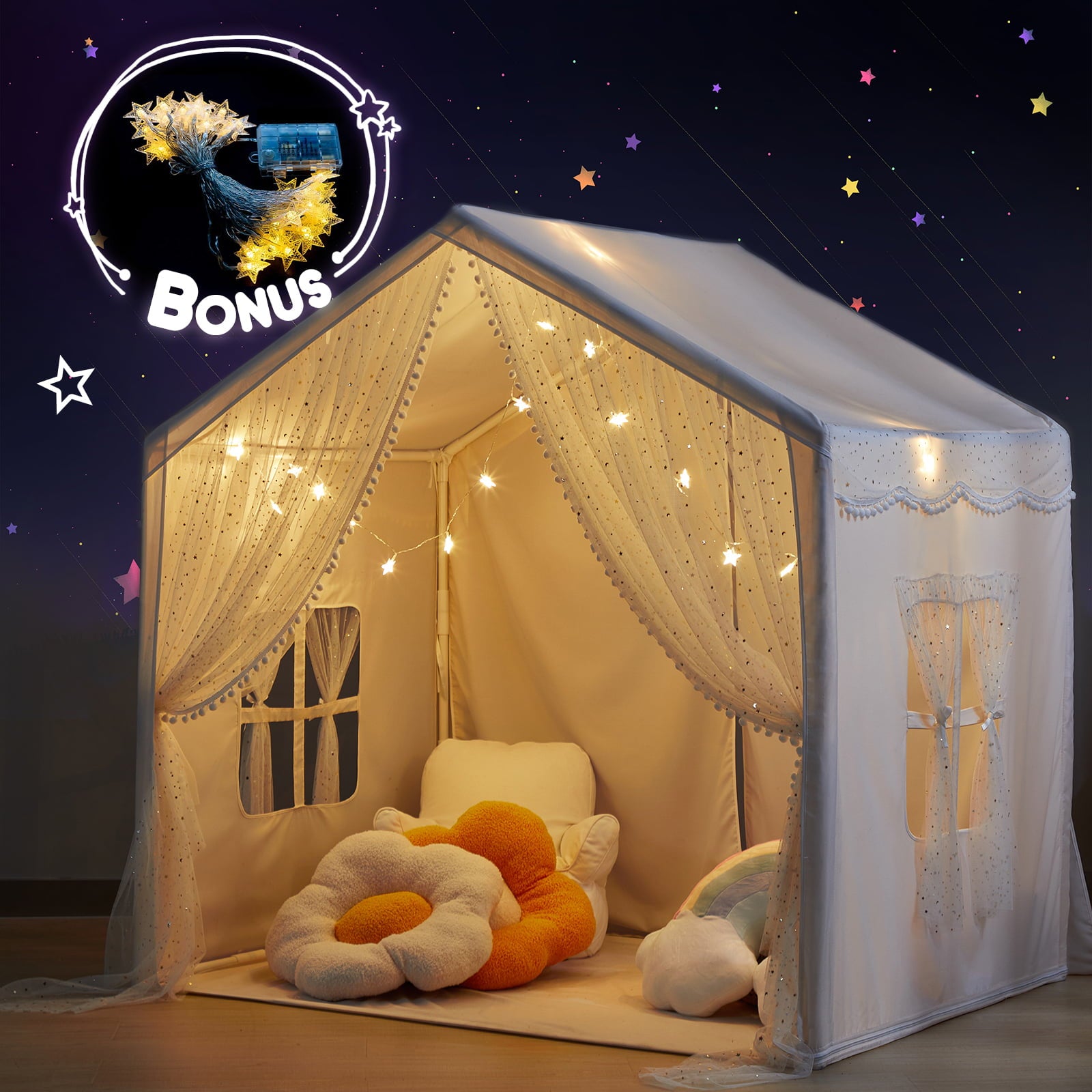LOAOL Large Kids Tent with LED Lights&Travel Bag, Princess Castle Toddler Play Tent Indoor and Outdoor Playhouse, White Cotton Canvas