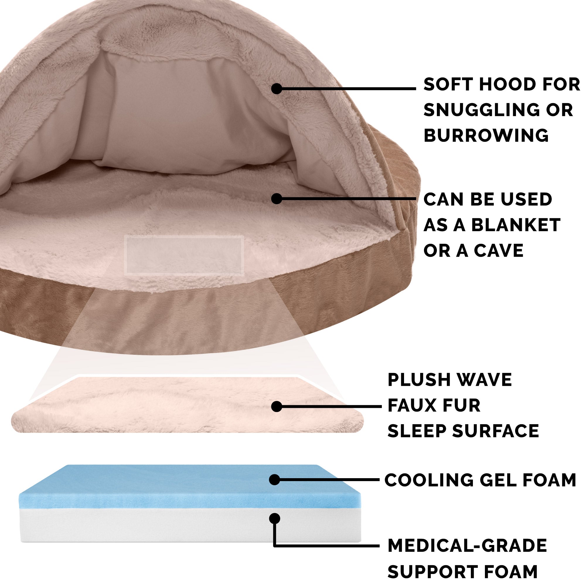 FurHaven | Cooling Gel Wave Fur and Velvet Snuggery Pet Bed for Dogs and Cats， Brownstone， 26-Inch