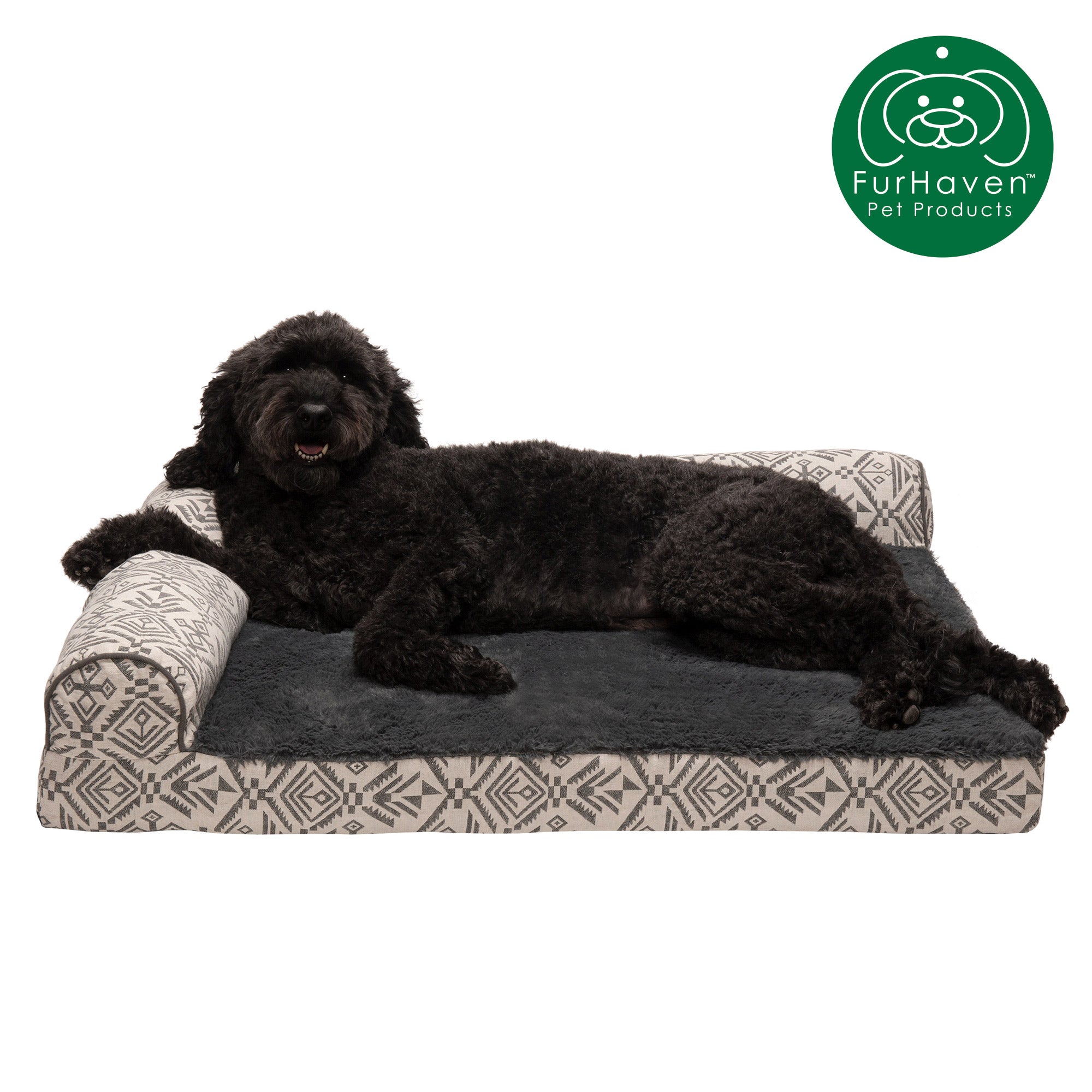 FurHaven Pet Dog Bed | Deluxe Memory Foam Southwest Kilim L-Shaped Chaise Couch Pet Bed for Dogs and Cats， Boulder Gray， Large
