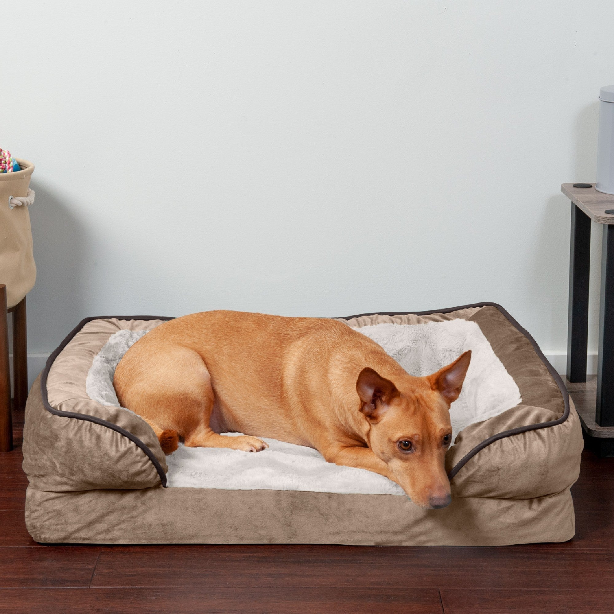 FurHaven Pet Products | Convolute Orthopedic Perfect Comfort Velvet Waves Sofa-Style Couch Pet Bed for Dogs and Cats， Brownstone， Medium