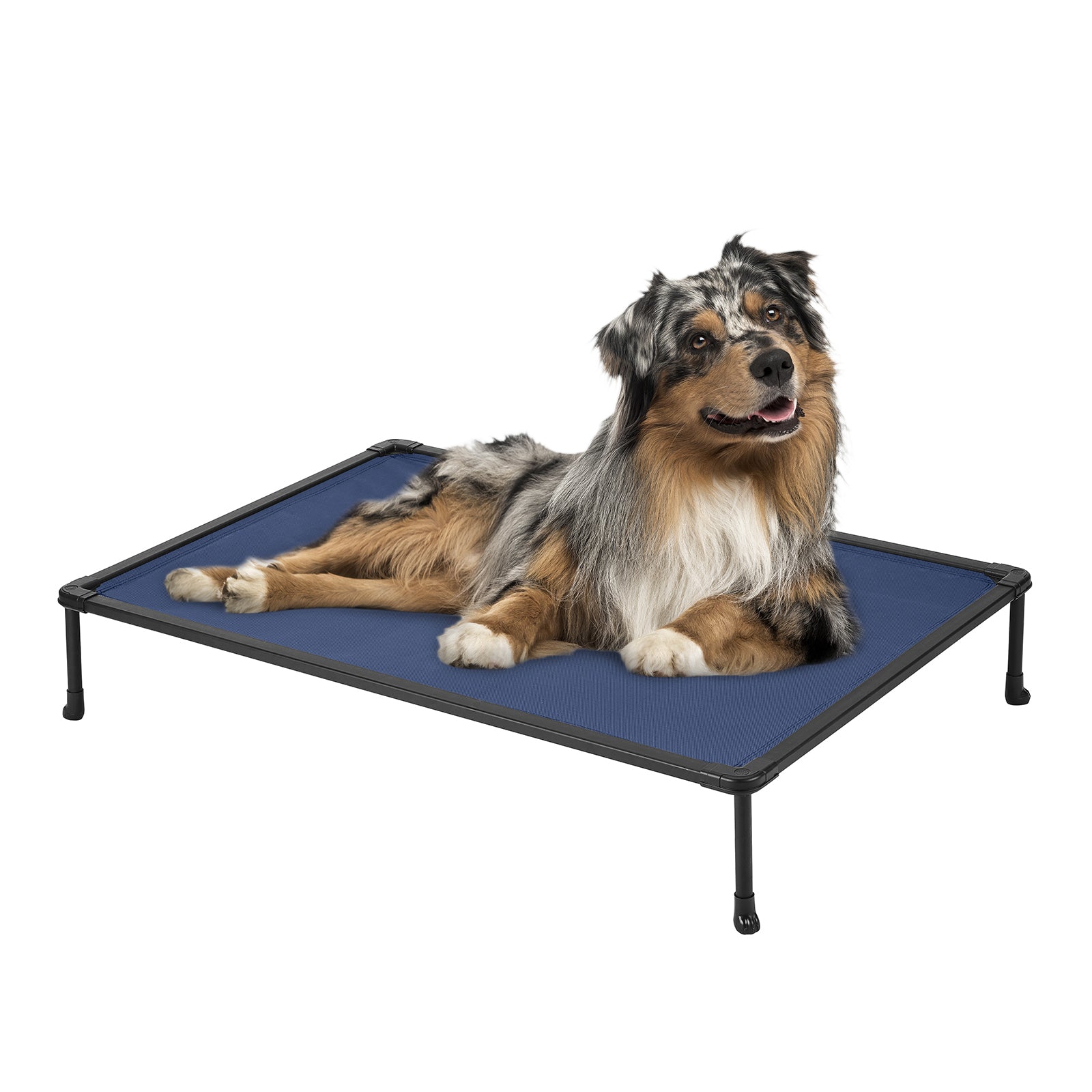 Veehoo Chewproof Dog Bed， Cooling Raised Dog Cots with Black Metal Frame， Medium， Blue