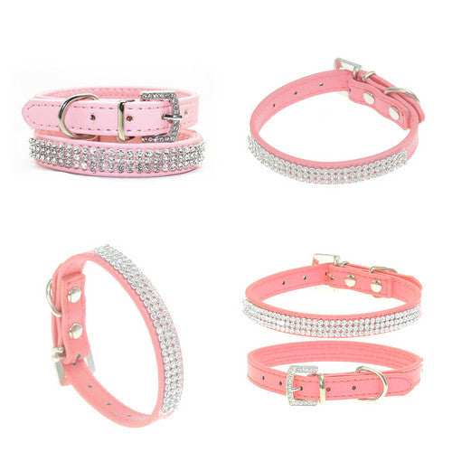 Bling Rhinestone Puppy Cat Collars Adjustable Leather Kitten Collar For Small Medium Dogs Cats Pink L