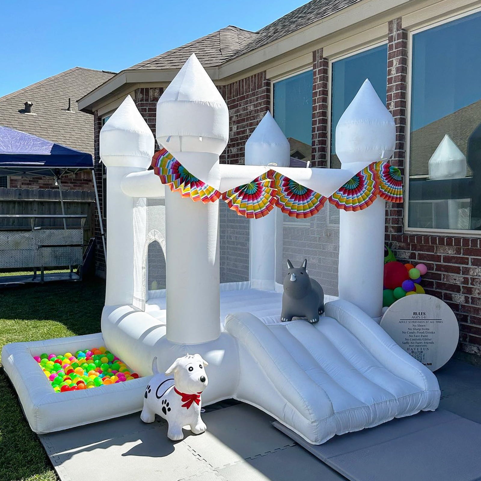 Connsann White Bounce House with Air Blower White Bouncy Castle with Slide and Ball Pit for Home Birthday Party Gift for Kids/Toddler (9x9FT White)