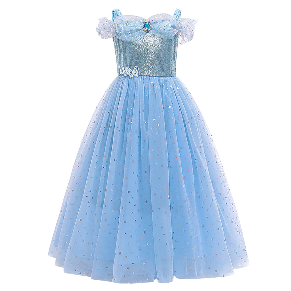 IMEKIS Cinderella Costume for Toddler Girls Princess Costumes Cinderella Dress Up Jewelry Set Crown Fairy Wand Baby Kids Halloween Cosplay Role Play Birthday Outfit 4-5 Years Blue Sequin