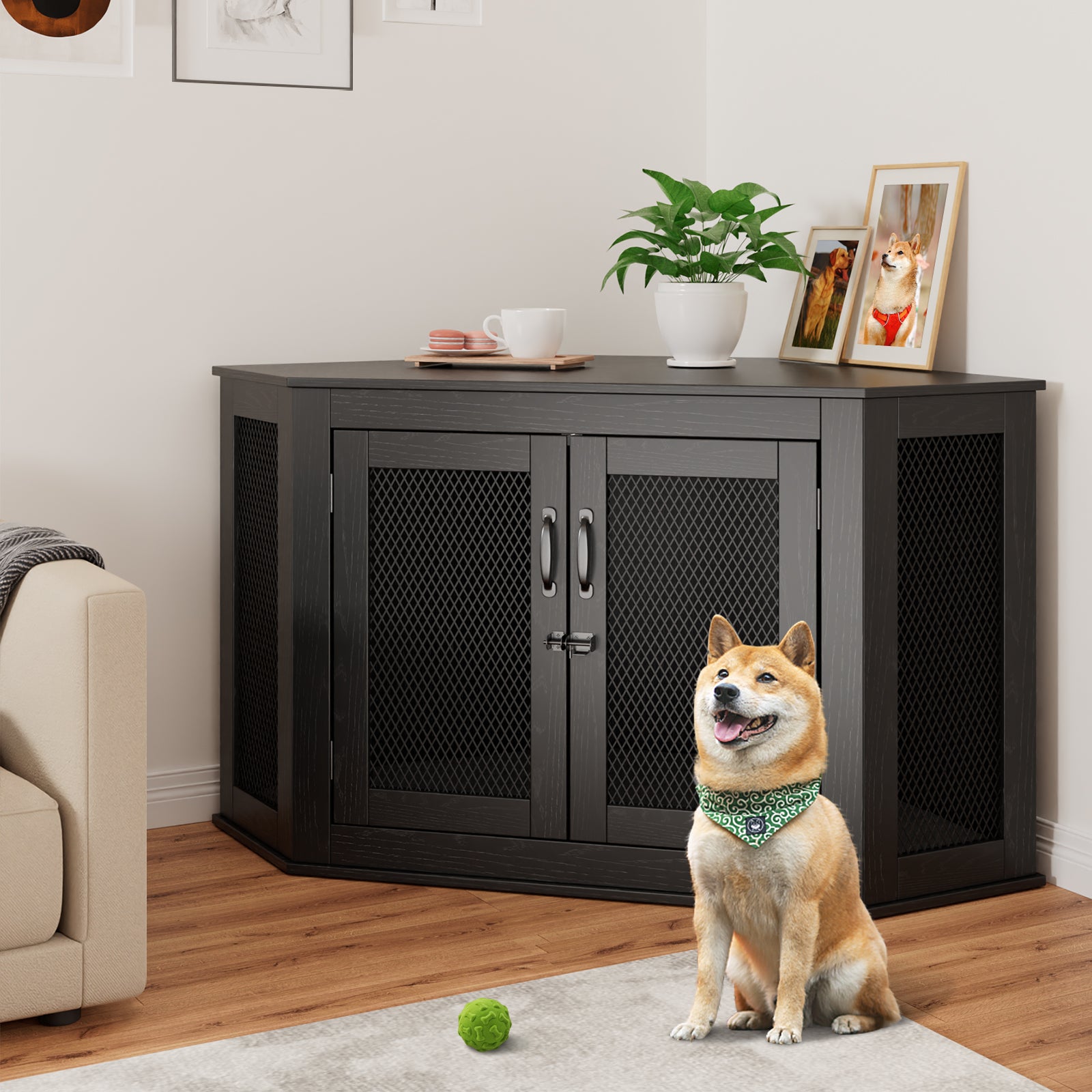 Corner Dog Crate， Wooden Dog Kennel with Cushion， Indoor Dog Crate Cage for Small Medium Dogs， Perfect for Limited Room， L Size， Black