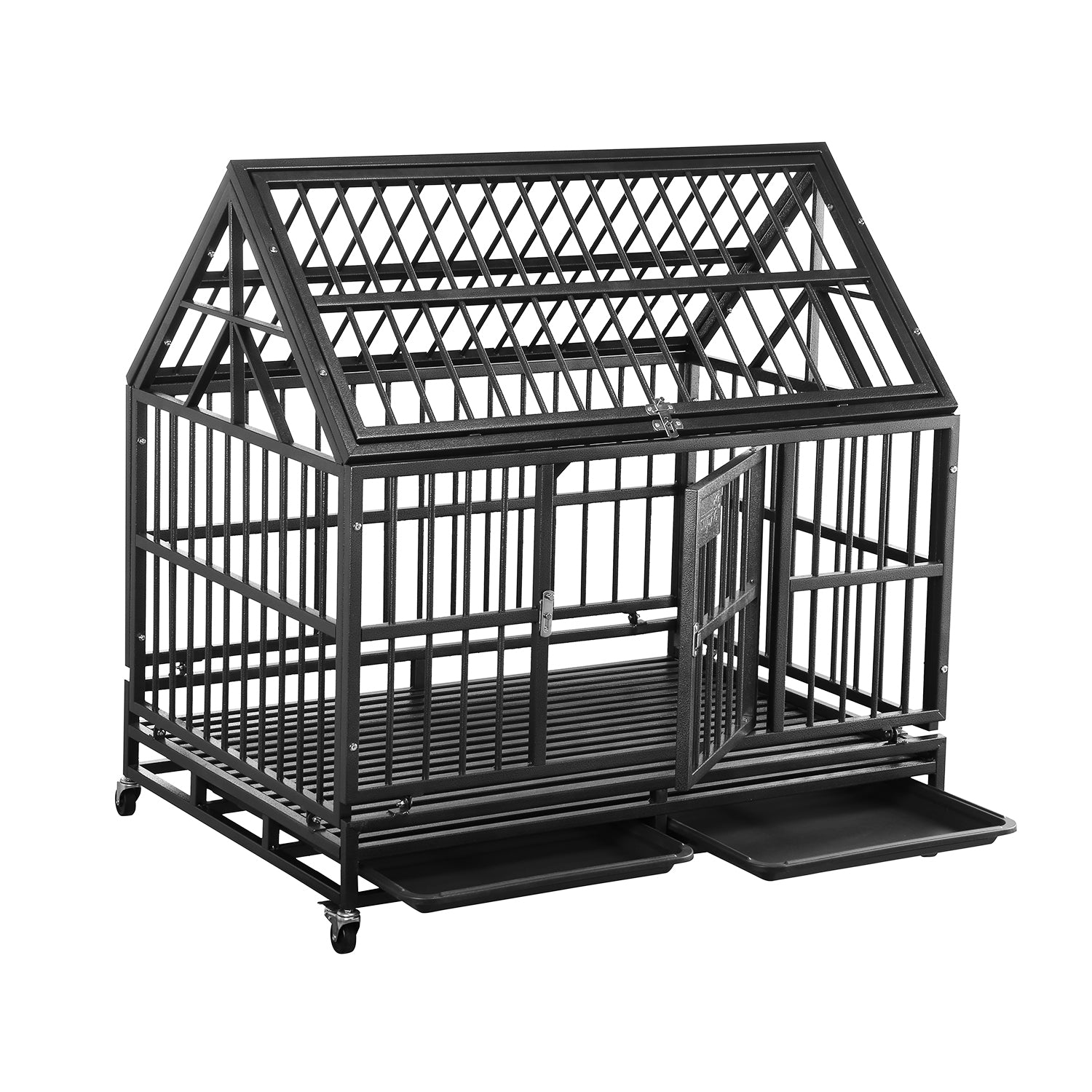 Ainfox 42 inch Heavy Duty Dog Crate， Indestructible Dog Crates for Medium Dogs， Escape Proof Dog cage Kennel with Lockable Wheels， for Home， IndoorandOutdoor (Round Tube-Black)