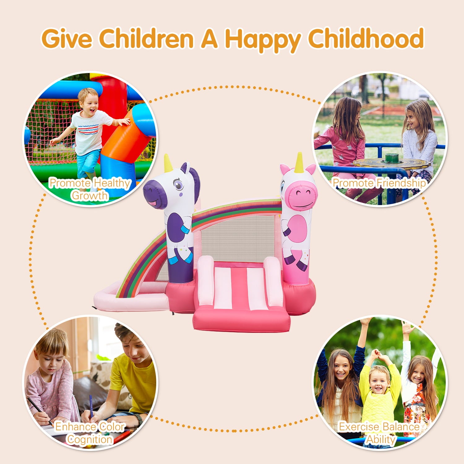 Kinbor Kids Inflatable Jumping Slide Bounce House with Blower Ocean Ball， Pink Unicorn