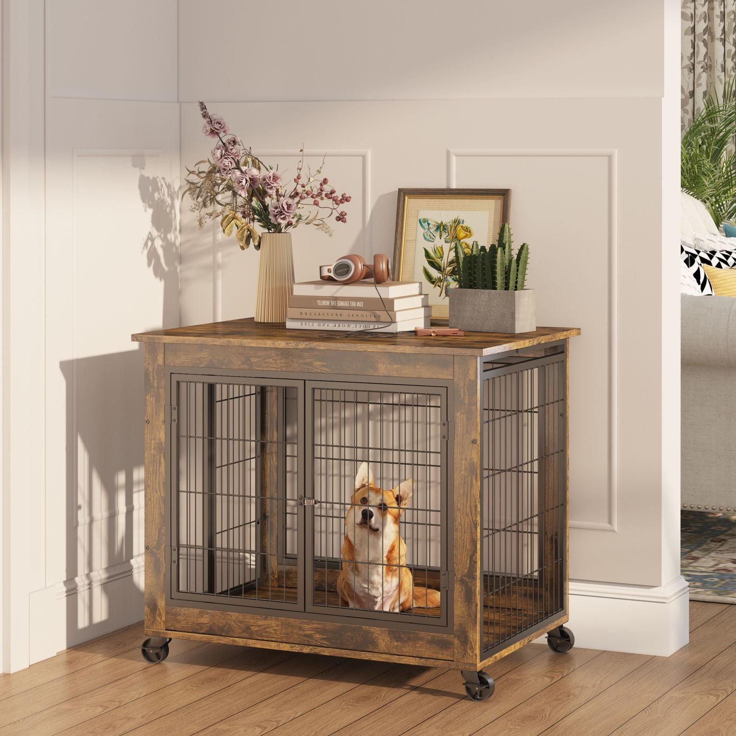 BATE Dog Crate Furniture-Style Kennel with Wheels， Double Doors Dog Cage， Brown