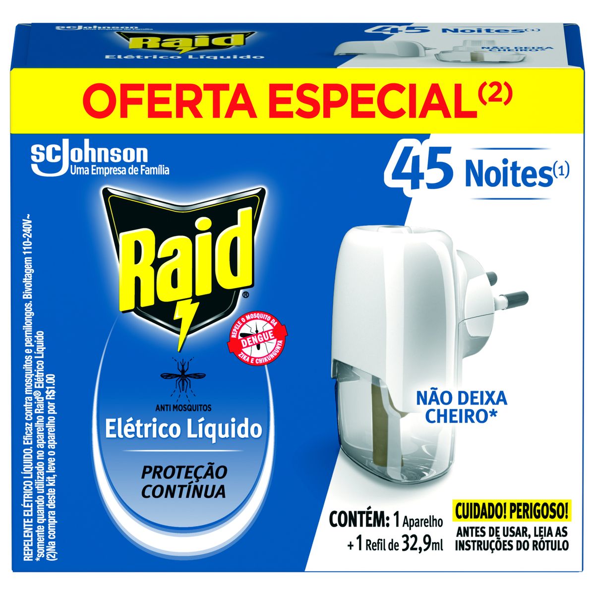 Repelente Eletrico Liquido Raid 45 Noites Aparelho e Refil de 32,9ml Oferta Especial