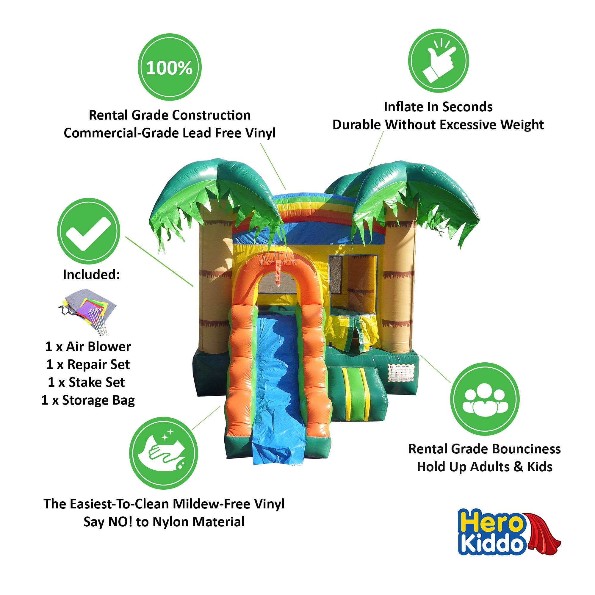 HeroKiddo Inflatable Bounce House with Slide and Basketball Hoop， for Kids and Adults， Commercial Grade， Tropical Breeze Theme (Blower Included)