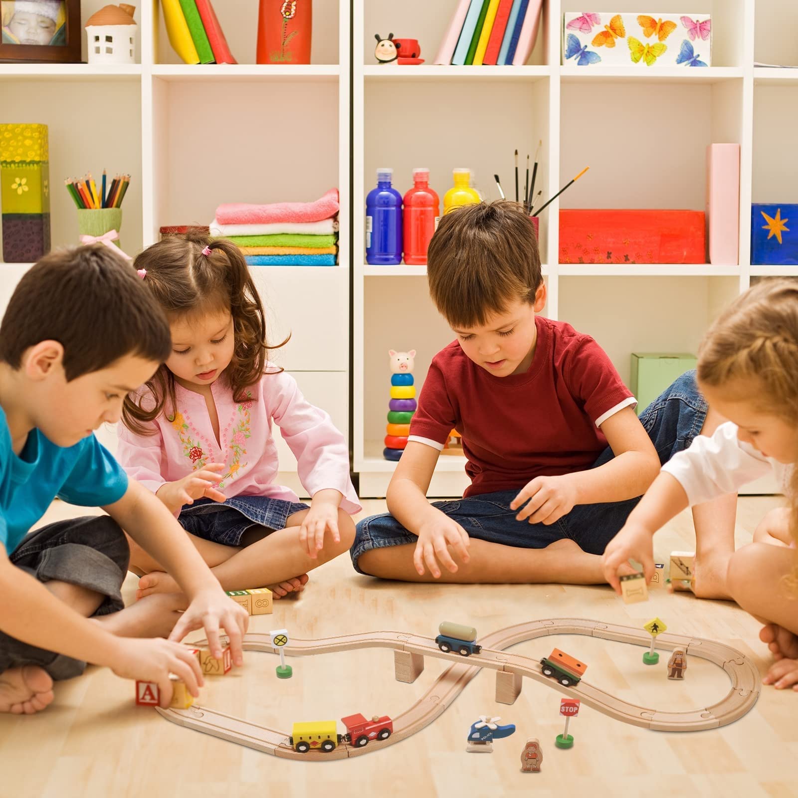 BetDEF Wooden Train Set，39 Pcs-with All-Wood Train Tracks with Double Sided Wooden Tracks and Color Box for 3+ Year Old Boys and Girls Toddler-Fits Thomas Brio Melissa and Doug…