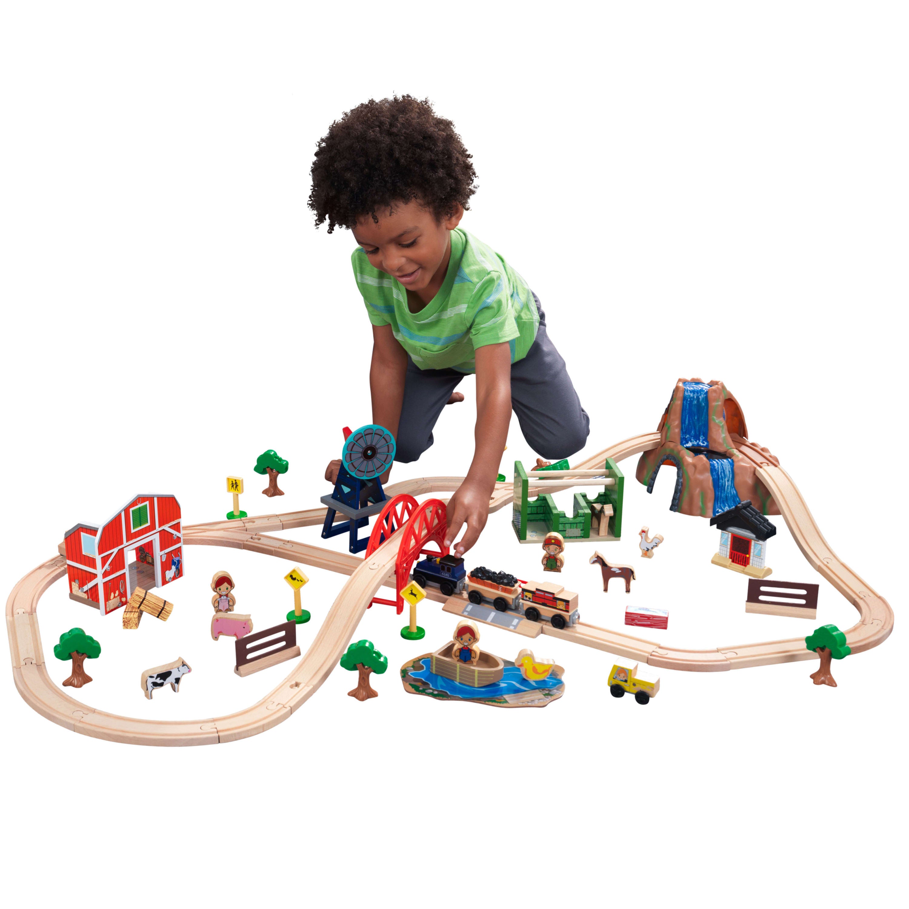 KidKraft Wooden Farm Train Set with 75 Pieces Included， Children's Toy Vehicle Playset