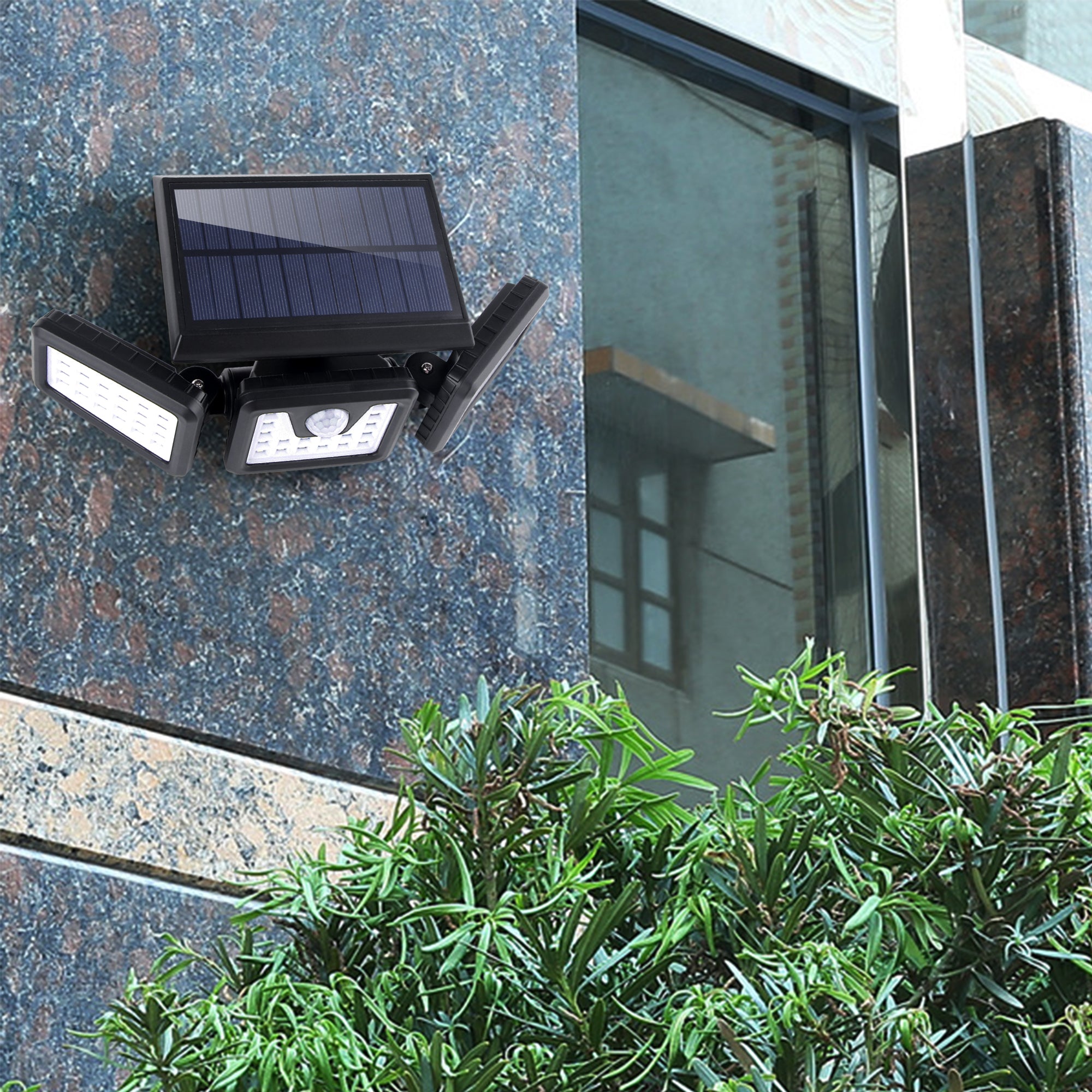 Solar Lights Outdoor，2000Lumen 70LED Solar Security Lights Powered 3 Heads Adjustable Wall Light Flood Lights，Bright and Dark Sensing，Auto On/Off for Patio，Yard，Pathway，Walkway，Garden，Driveway