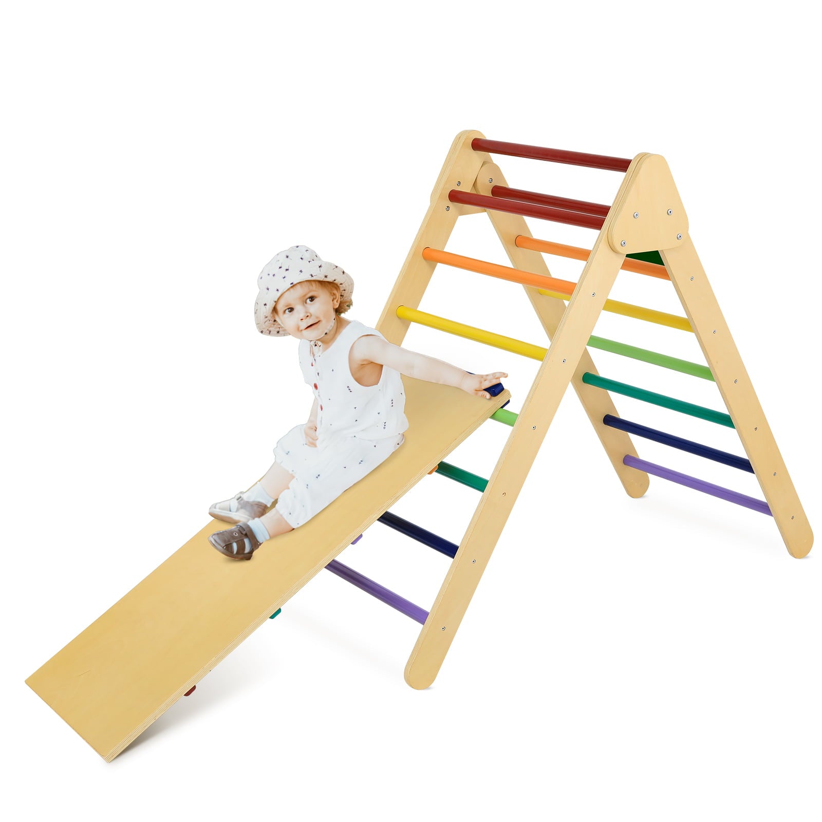 LAZY BUDDY Foldable Climbing Triangle with Ramp， Wooden Climber Ladder Indoor Outdoor Sliding Climbing Toy for Kids 2-7 Years