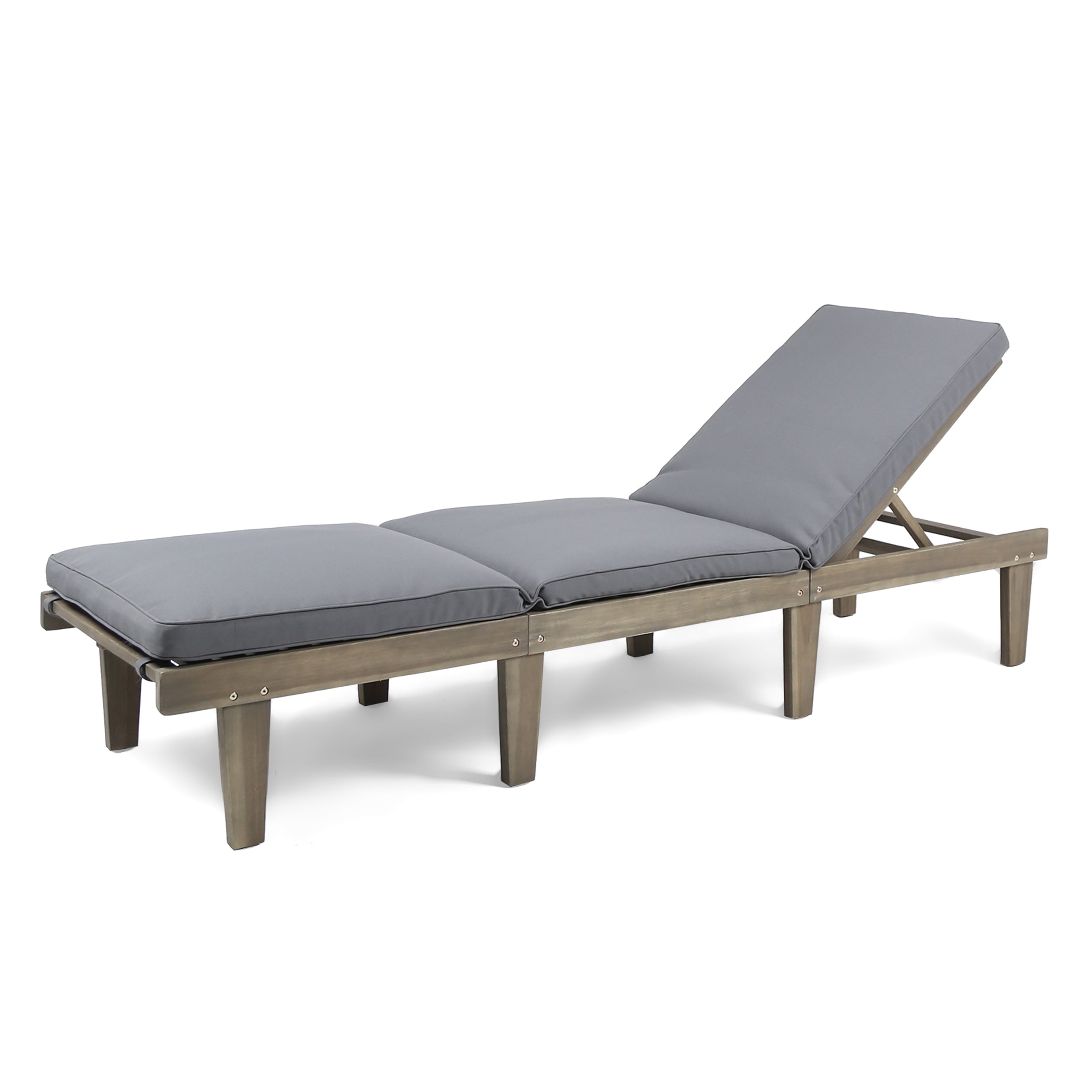 Alisa Outdoor Acacia Wood Chaise Lounge with Cushion, Gray and Dark Gray