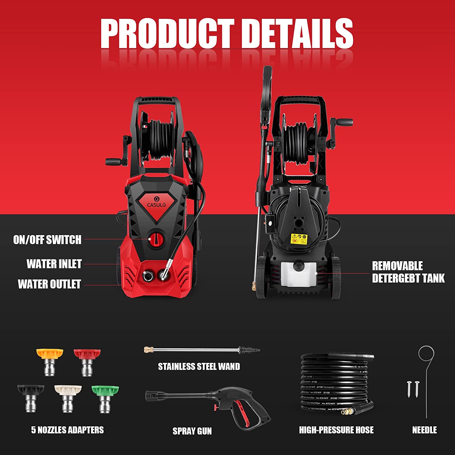 Electric Pressure Washer, High Pressure Power Washer Cleaner Machine with Spray Gun, 5 Nozzles, Hose Reels & Detergent Tank for Cars, Fences, Driveways, Patios (Red)