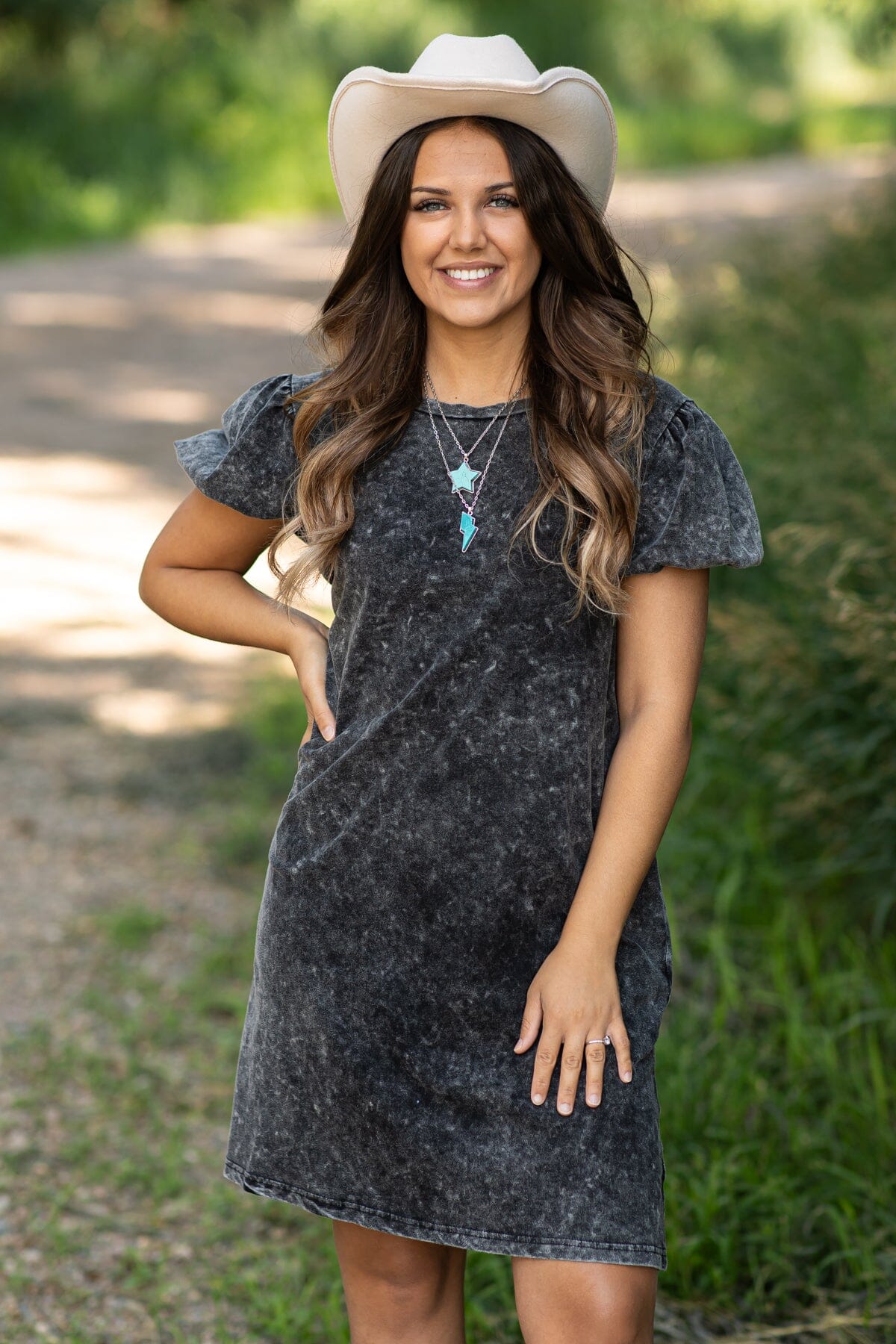 Black Washed Puff Sleeve Dress With Pockets