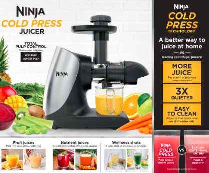 Ninja Cold Press Juicer Pro - Powerful Slow Juicer with Total Pulp Control - Cloud Silver， JC100