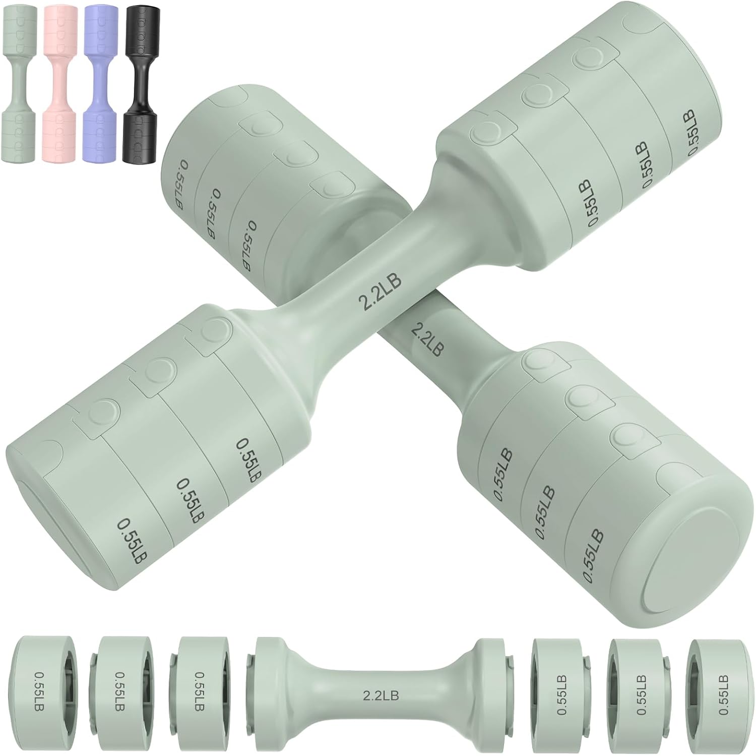 여성용 무게 조절식 덤벨 세트 (2개입), 각 11lb/쌍, 개당 2.2lb, 3.3lb, 4.4lb, 5.5lb 무게의 홈짐 피트니스 트레이닝용 덤벨 세트