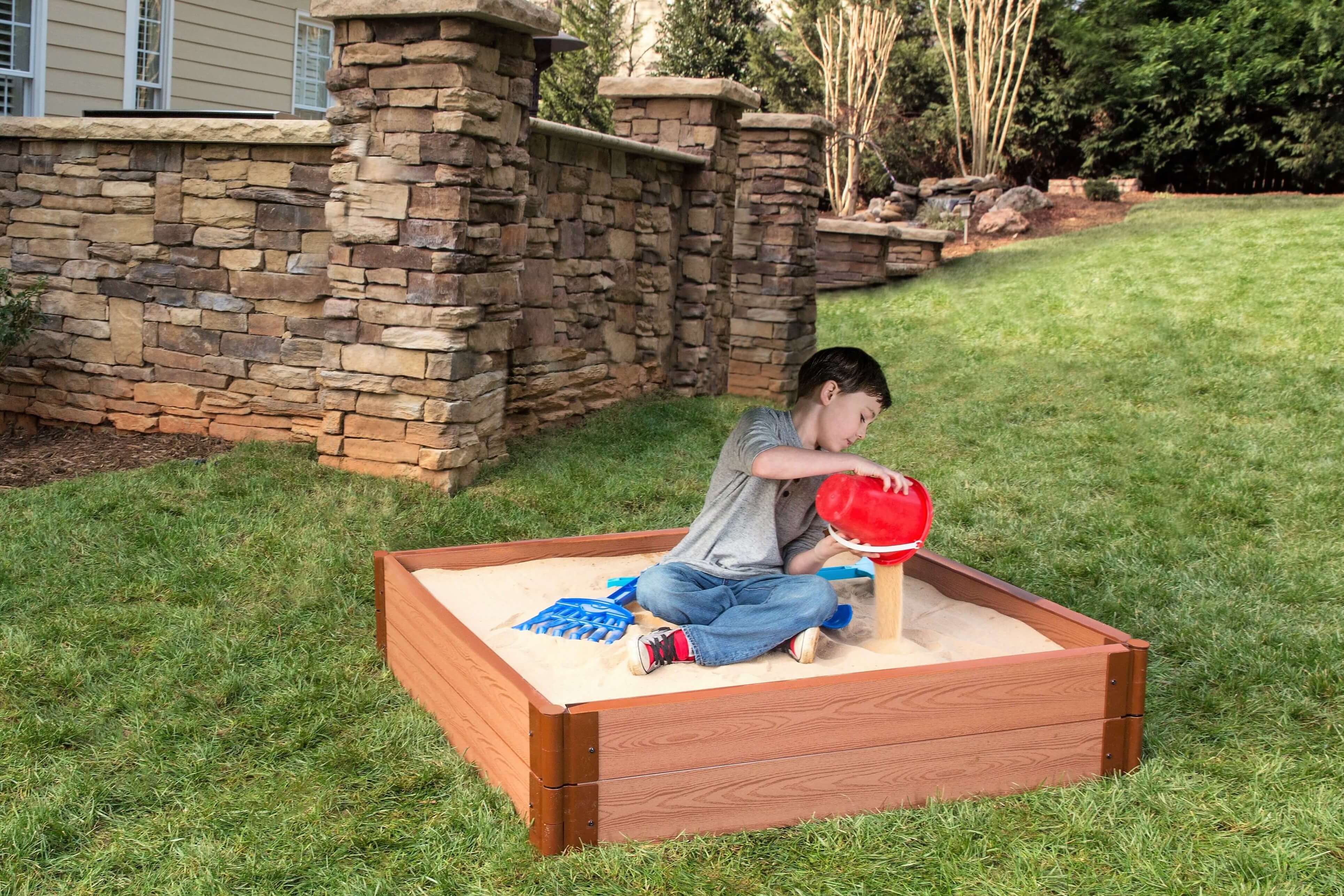 Frame It All Tool-Free Classic Sienna 4ft. x 4ft. x 11in. Composite Square Sandbox Kit with Collapsible Cover - 2