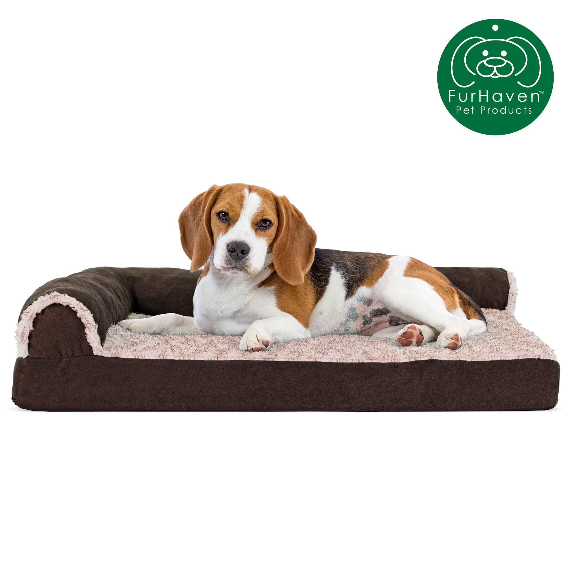 FurHaven | Deluxe Cooling Gel Faux Fur and Suede L-Chaise Lounge Pet Bed for Dogs and Cats， Espresso， Medium