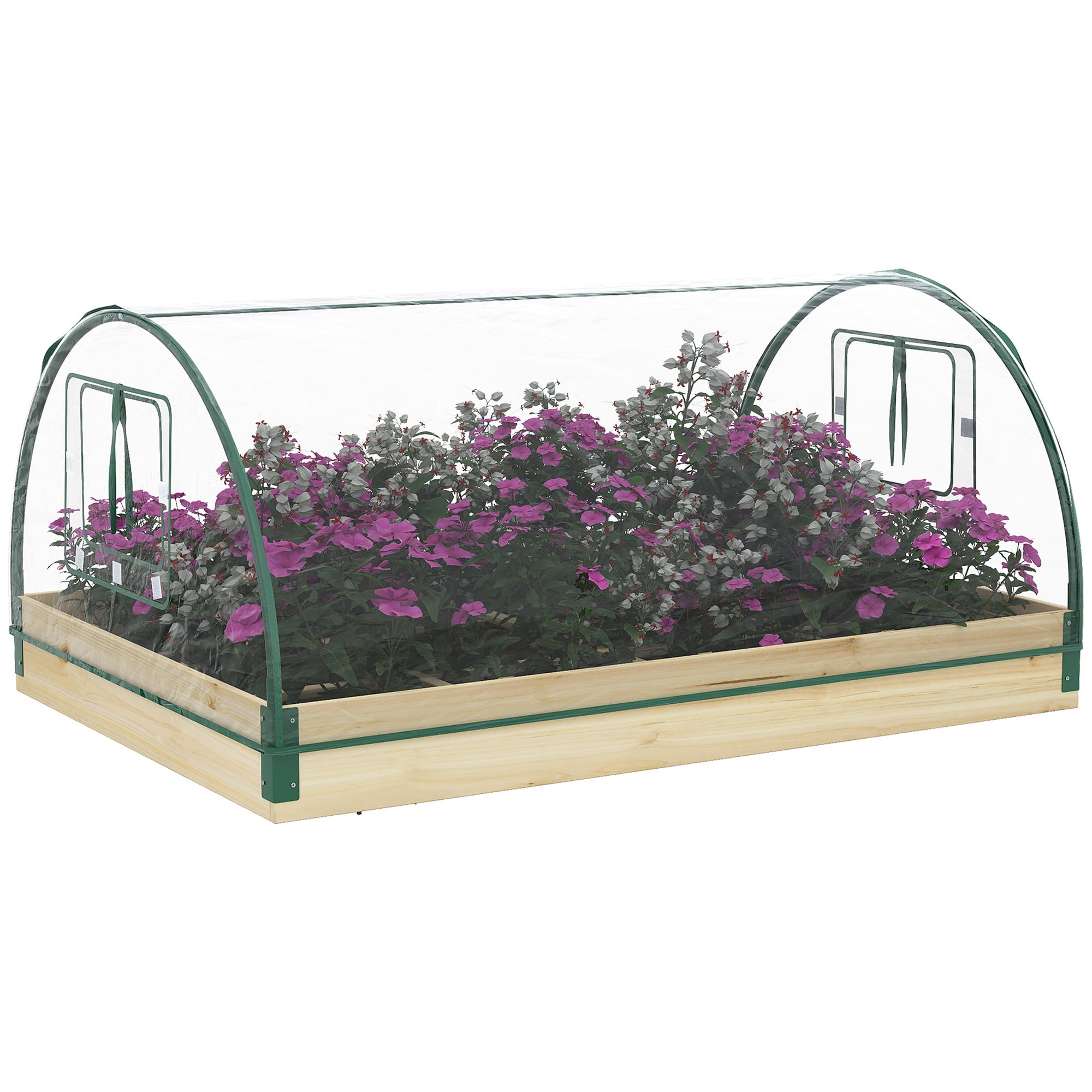 Outsunny 4' x 3' x 2' Raised Garden Bed with Greenhouse, Wooden Planter Box with PVC Plant Cover, Roll Up Windows, Dual Use for Vegetables, Flowers, Natural