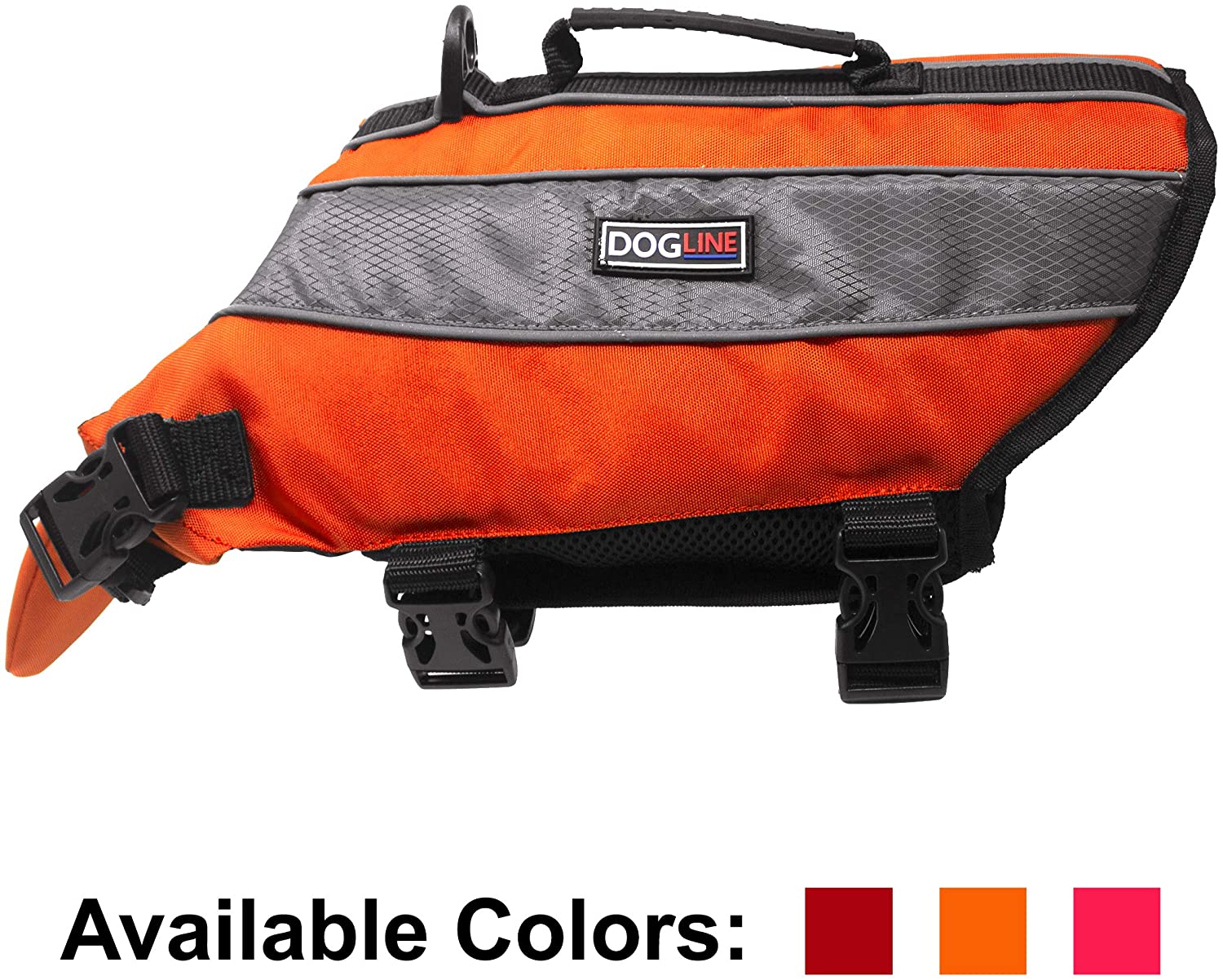 DogLine - Dog Life Jacket Dog Life Vest for Swimming and Boating in Hi-Viz Colors with Reflective Strips Mesh Underbelly for Draining and Drying and Top Carry Handle(Neon Orange: Girth 11