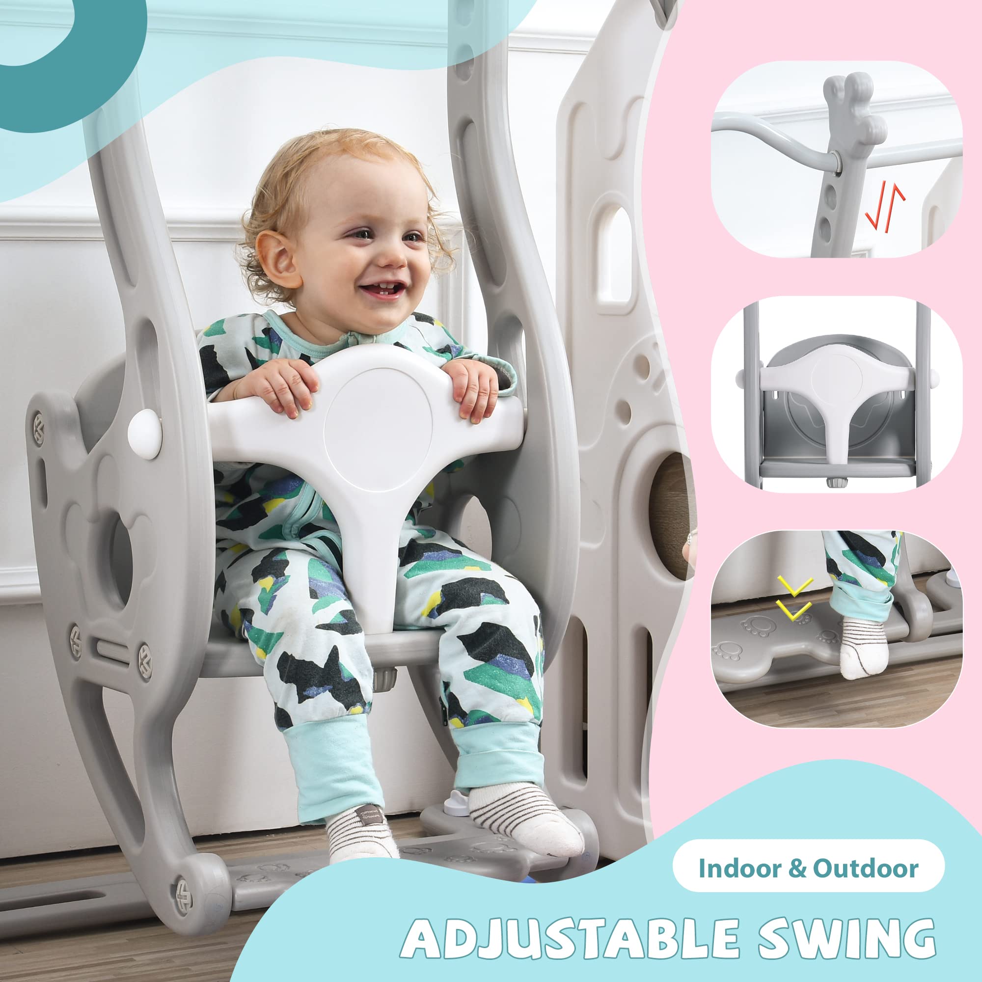 KAINSY Baby Swing for Infants Toddler Kids Age 6 months to 4 Years， Indoor Outdoor Toddler Swing Set with 3 Adjustable Height and Stand， Max Load 121lbs