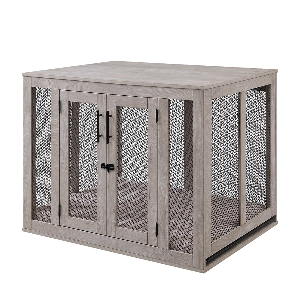 Unipaws Large Dog Crate with Cushion and Tray， Wooden and Metal Net Dog Kennels