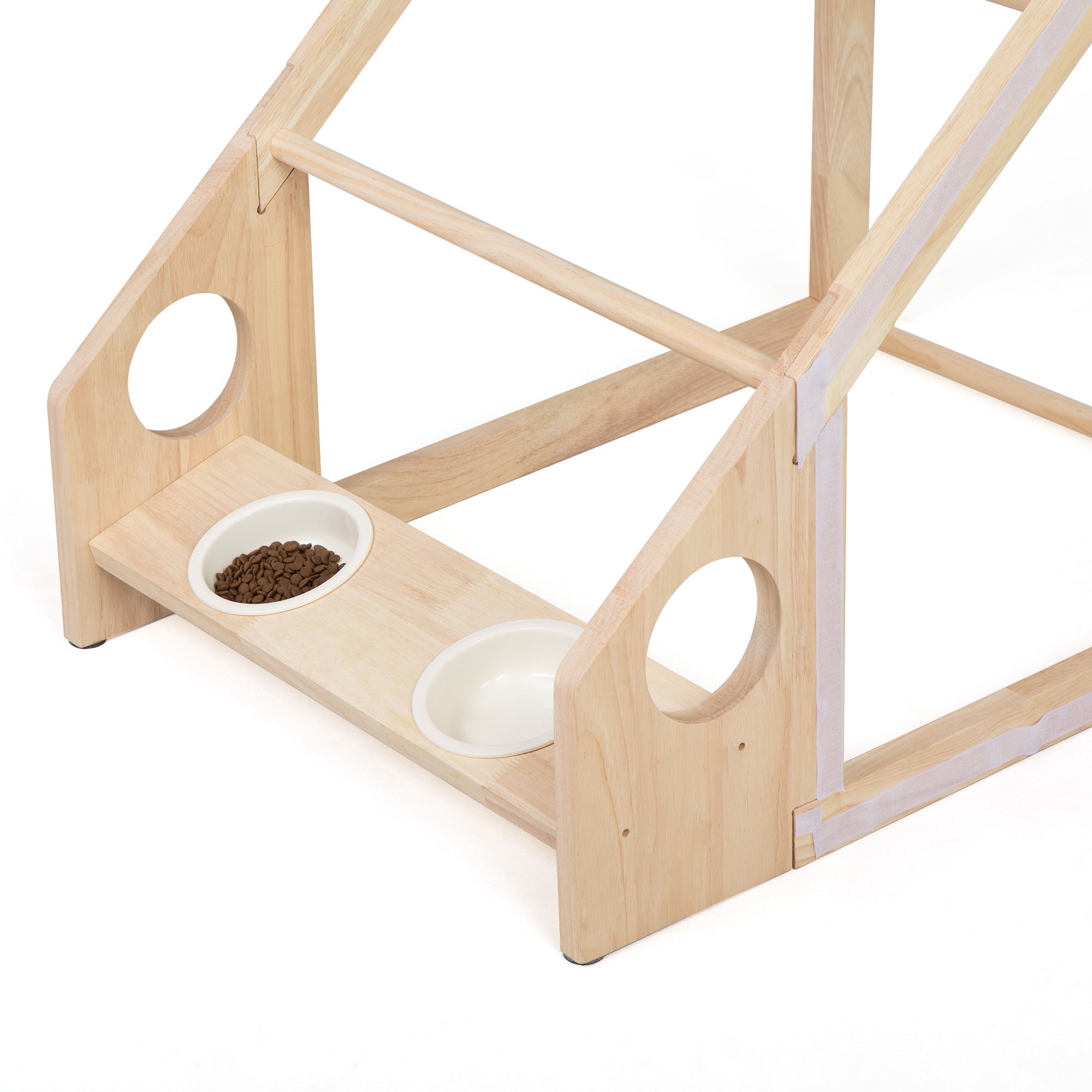 LANTRO JS 2 In 1 Wood Dog House Indoor， Cabin Dog Kennel with Cushioned Bed， Cover Scratcher， Feeding Bowls， Pet Habitat for Cats， Small and Medium Dogs， Natural and Gray