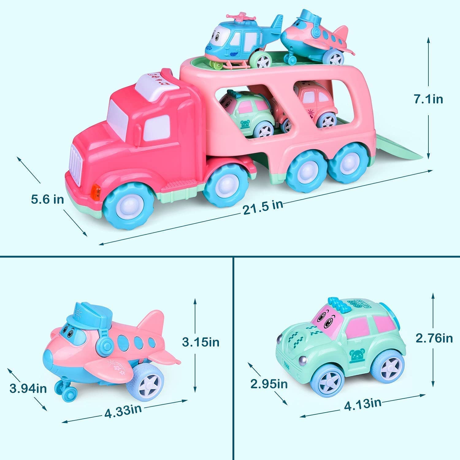 Fun Little Toys Cartoon Vehicles Car Carrier Truck Pink Toy for Girls with Lights and Sounds， Toys for 2 3 4 Year Old Girls， 5 in 1 Push and Go Trailer
